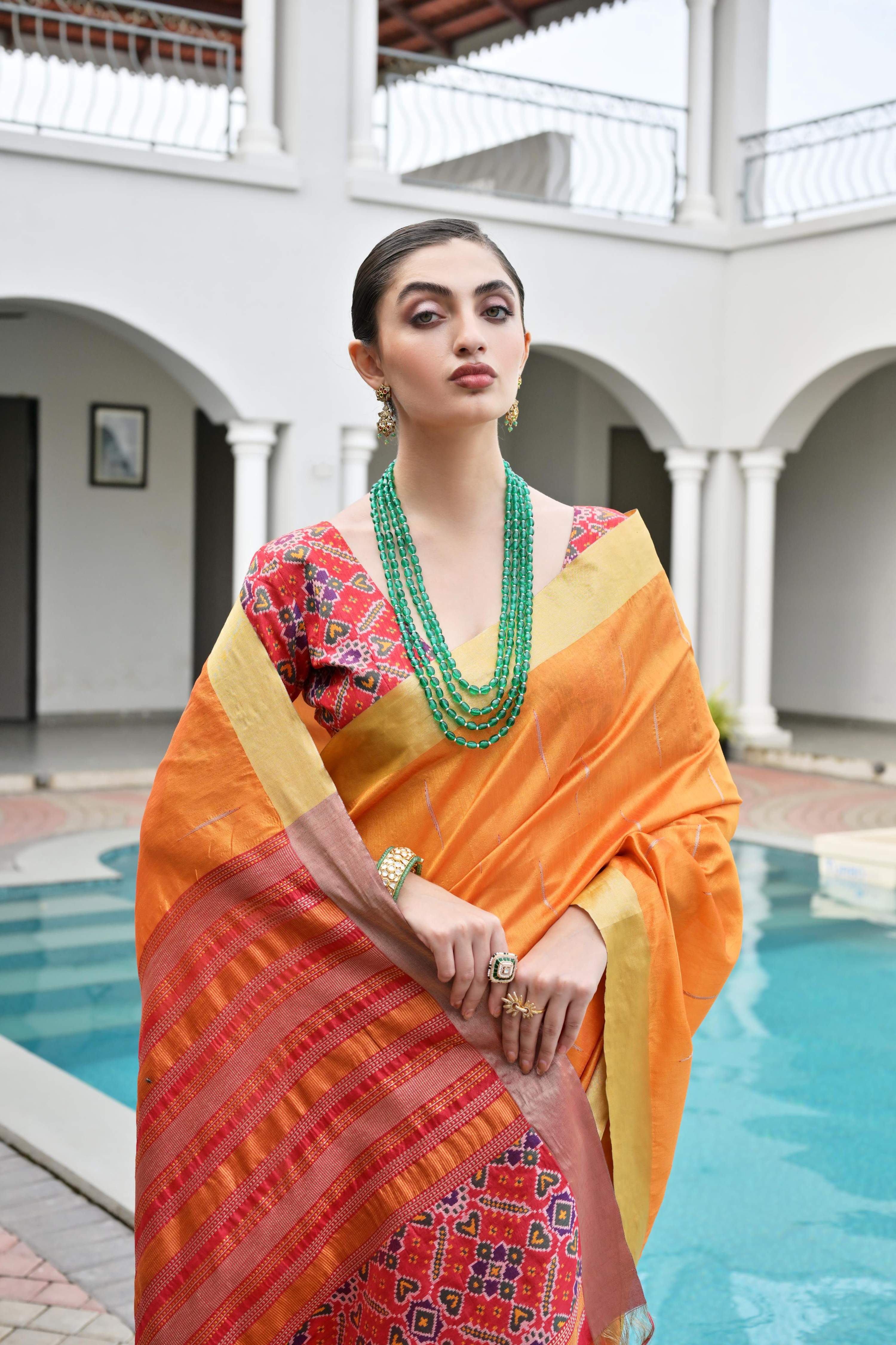 Jyoti Fashion Women's Orange Khadi Raw Silk Meena Weaving Patola Saree with Blouse - Image 4