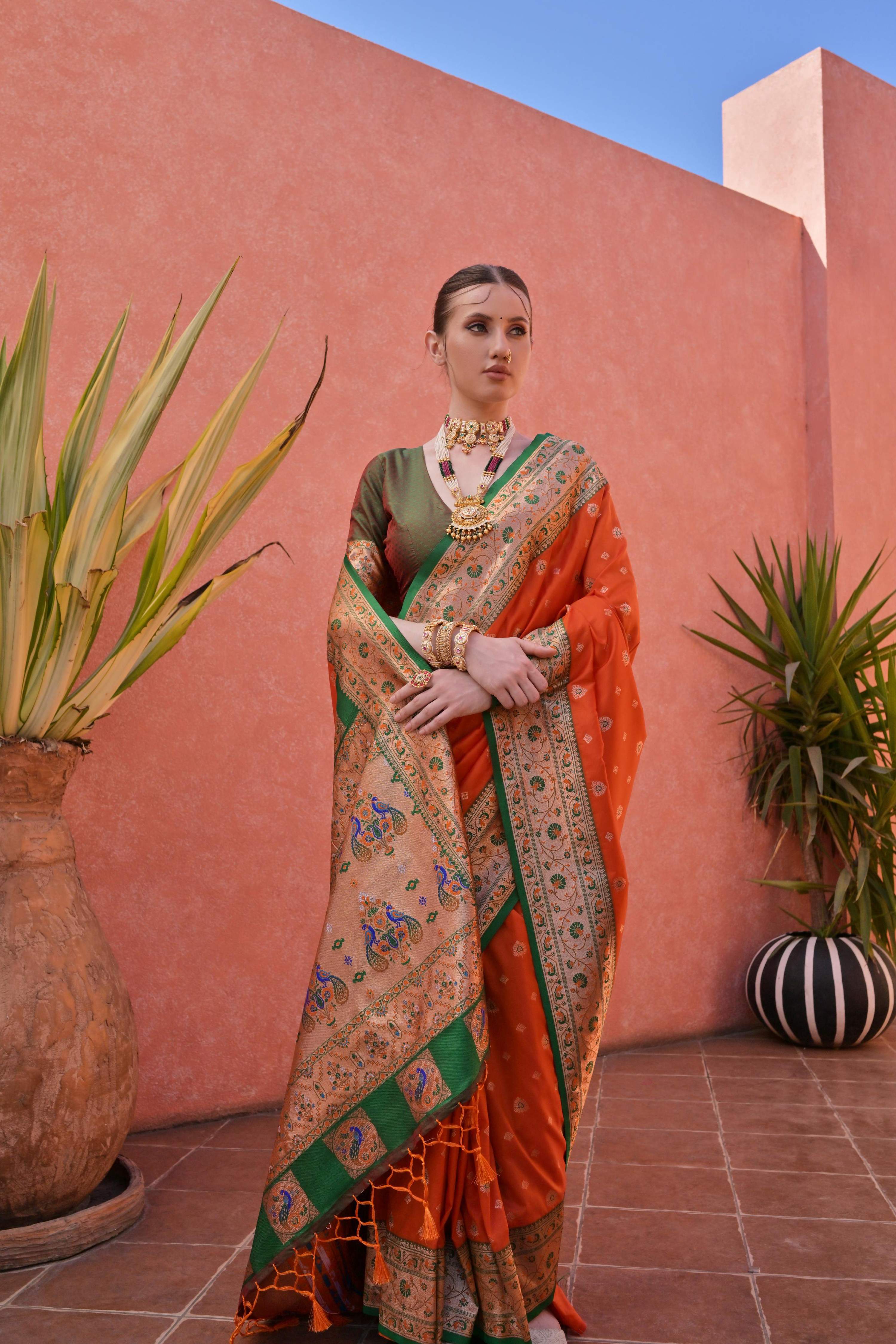 Jyoti Fashion Women's Orange Paithani Silk Zari Woven Saree with Blouse - Image 2