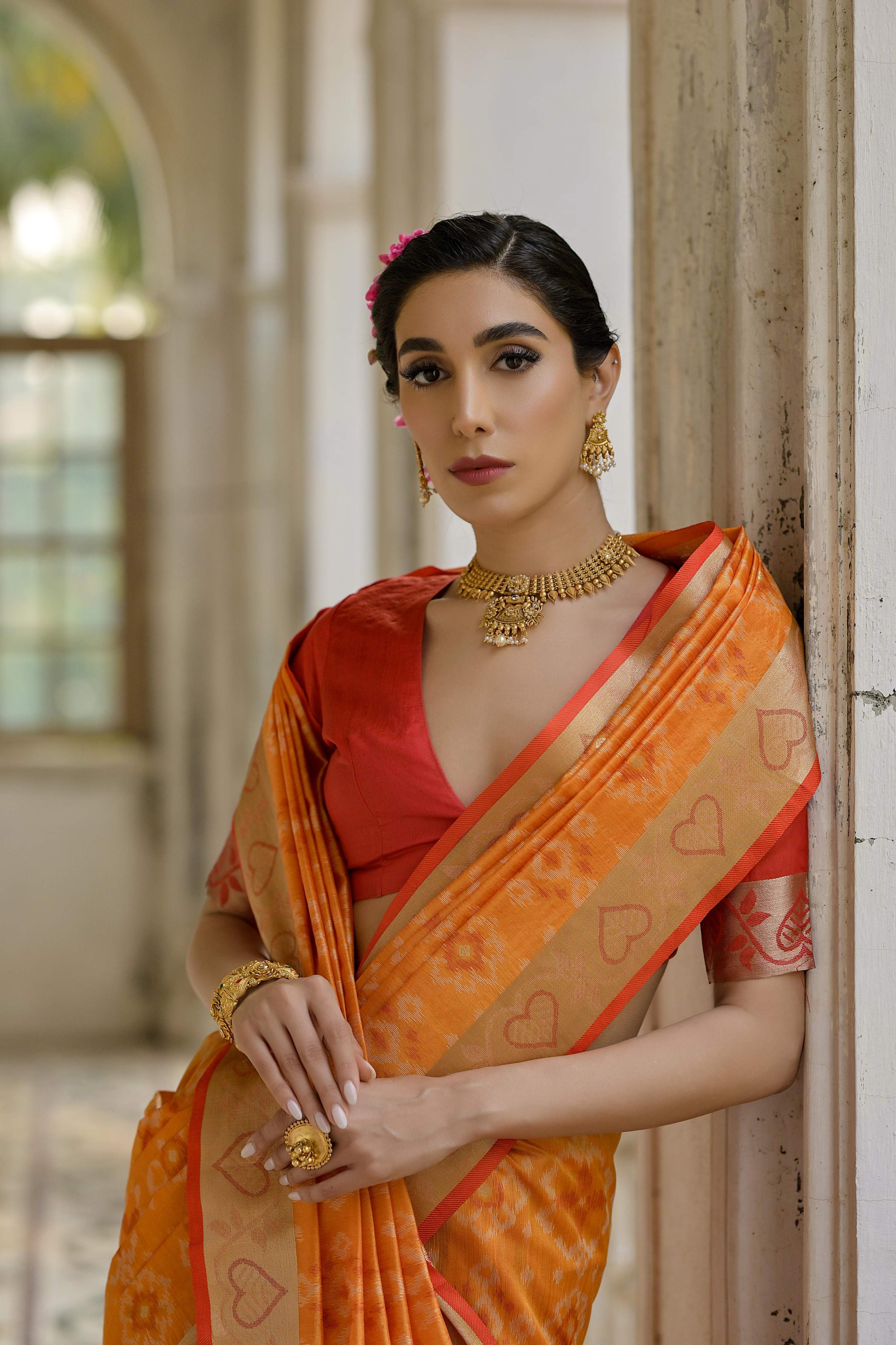 Jyoti Fashion Women's Orange Soft Raw Silk Zari Woven Saree with Blouse - Image 2