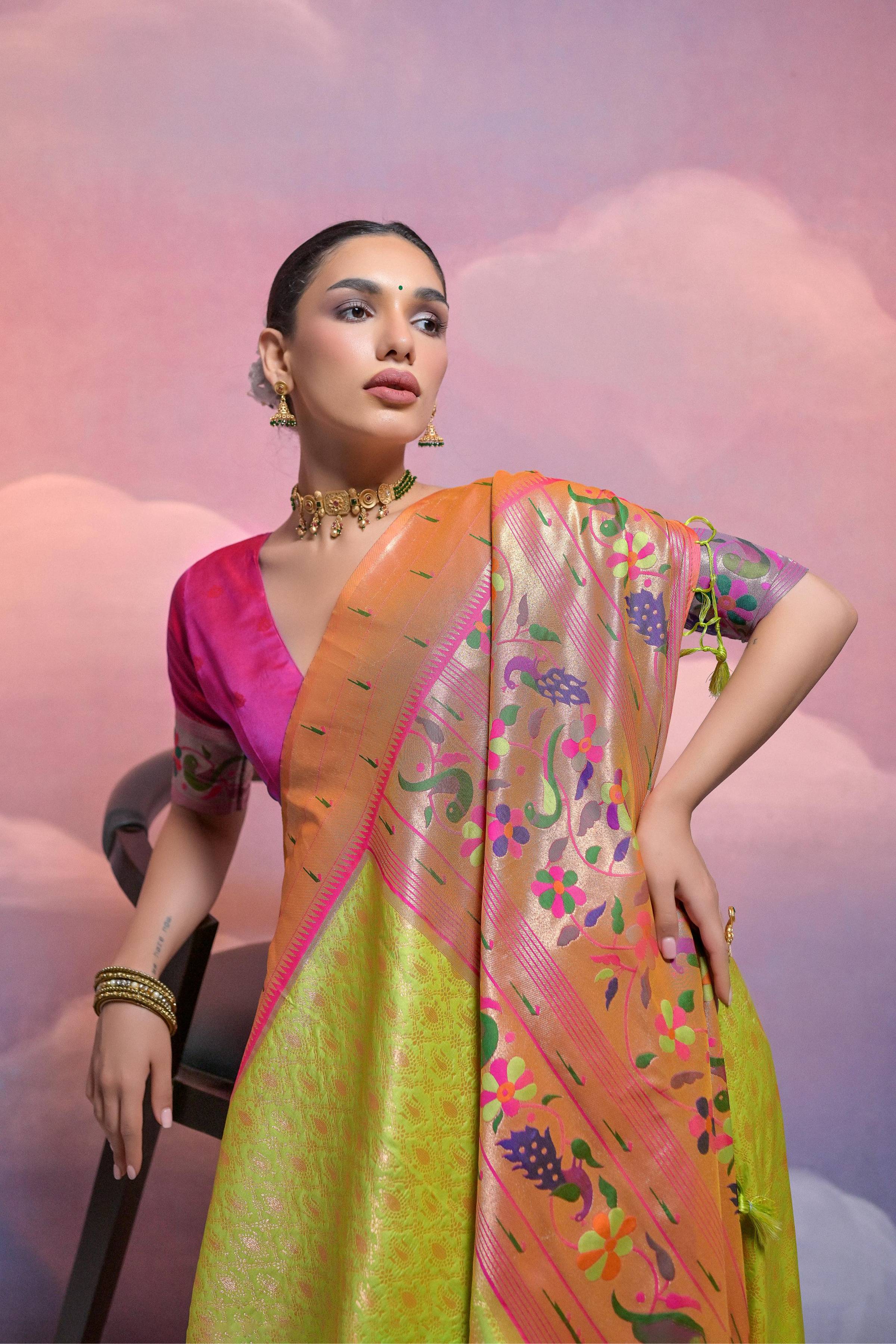 Jyoti Fashion Women's Parrot Green Paithani Silk Zari Woven Saree with Blouse - Image 4