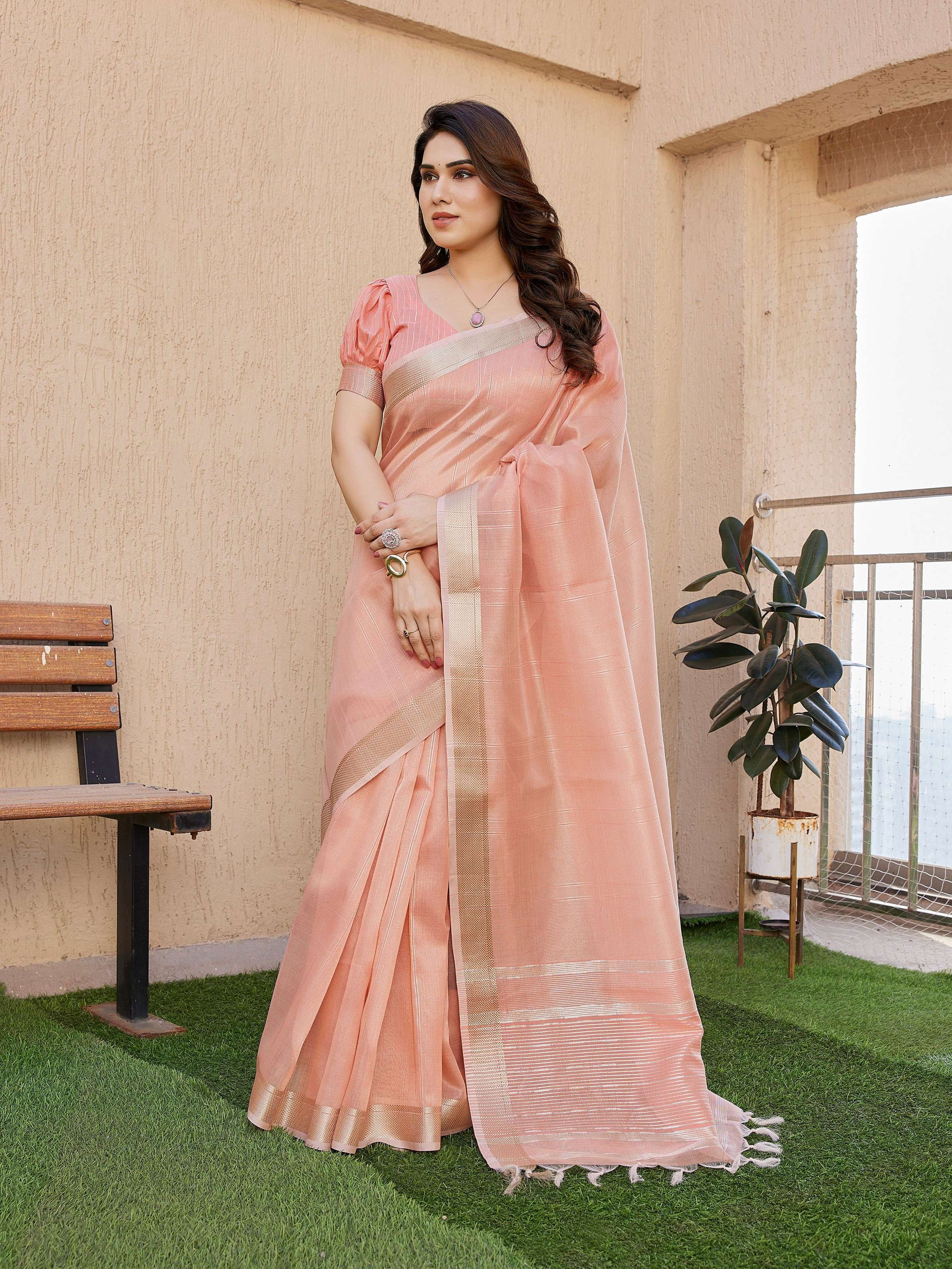 Jyoti Fashion Women's Peach Soft Tissue Linen Silk Zari Woven Saree with Blouse