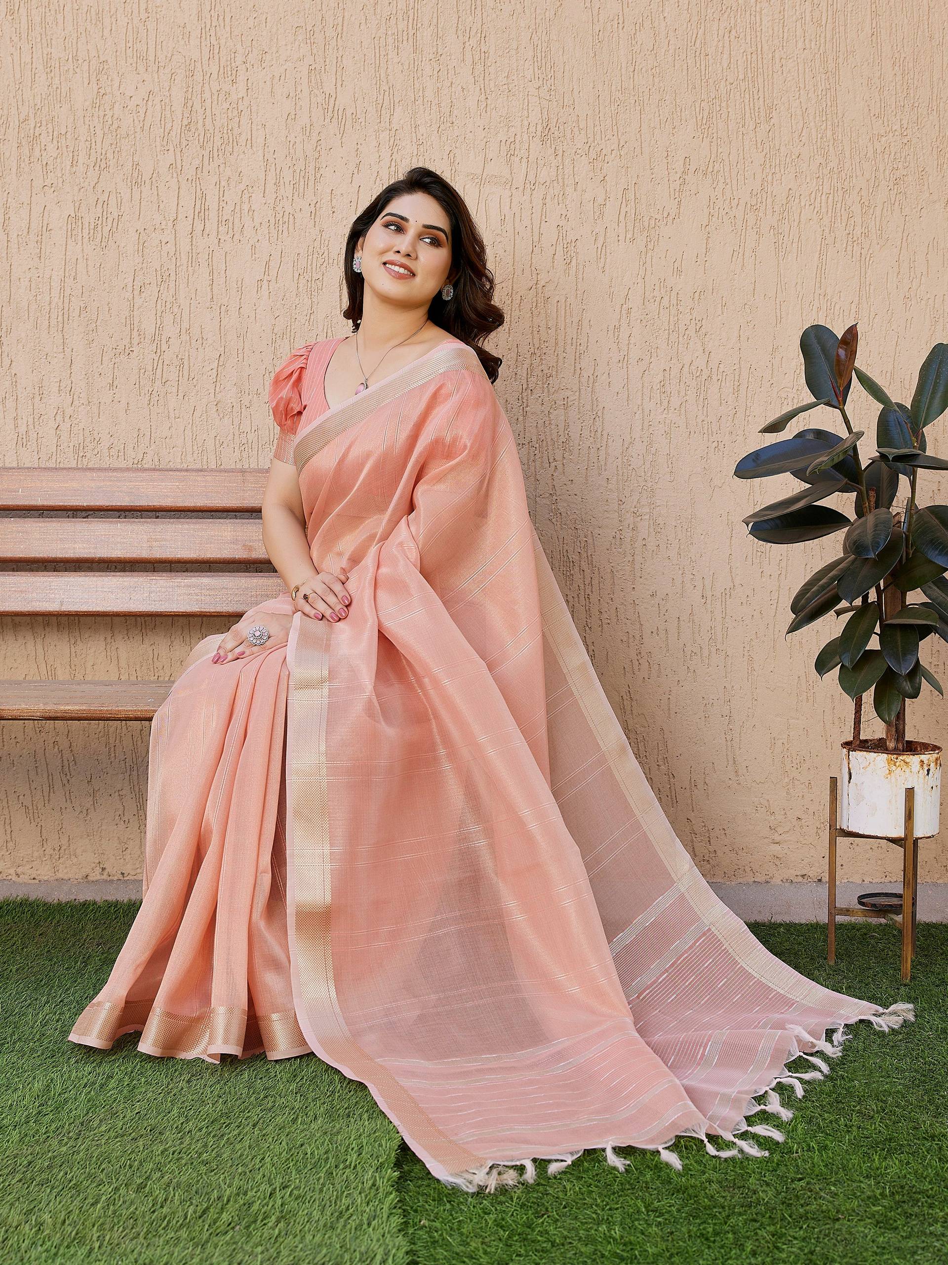 Jyoti Fashion Women's Peach Soft Tissue Linen Silk Zari Woven Saree with Blouse - Image 2