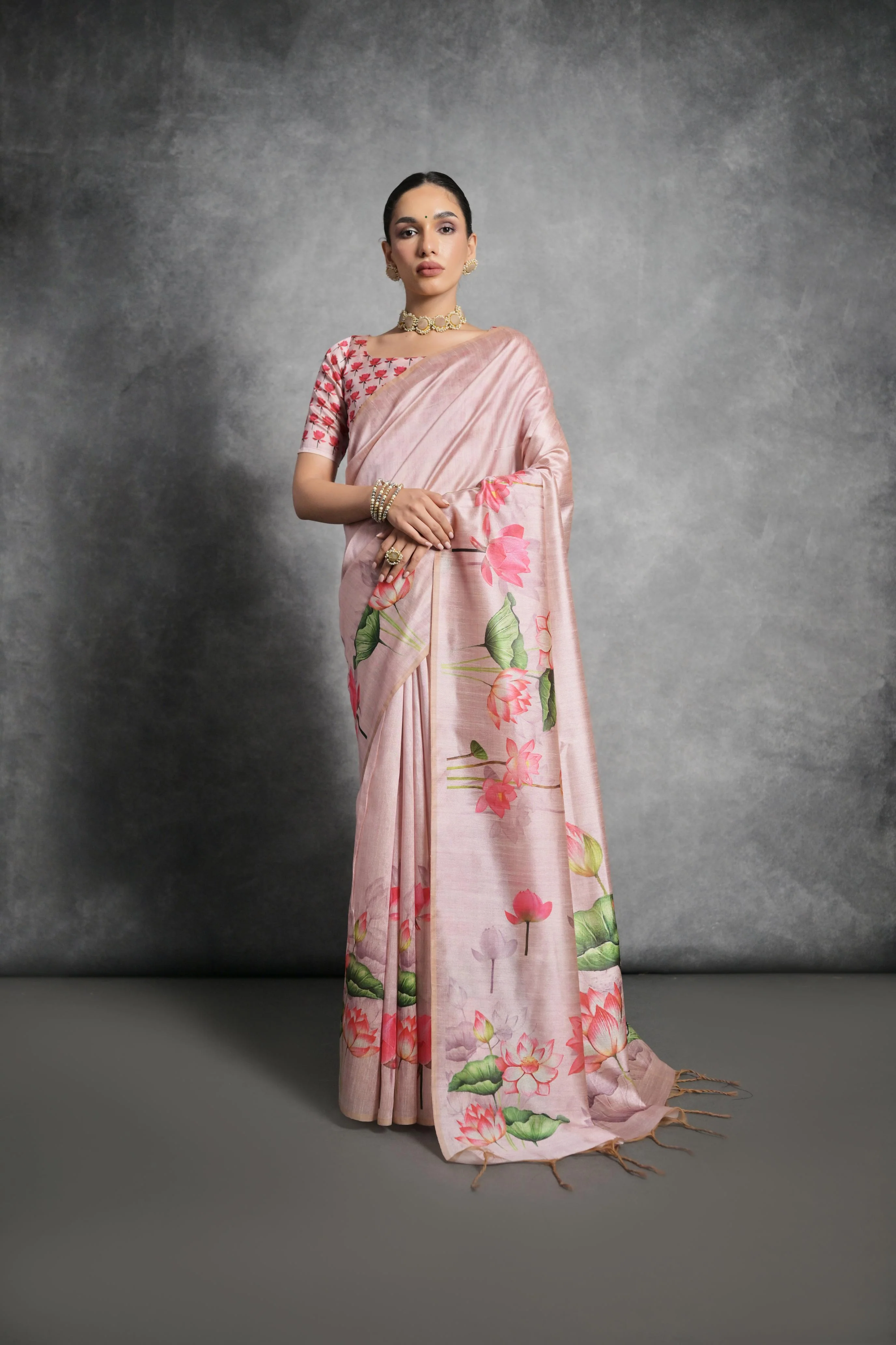 Jyoti Fashion Women's Peach Soft Tussar Silk Floral Printed Saree with Blouse