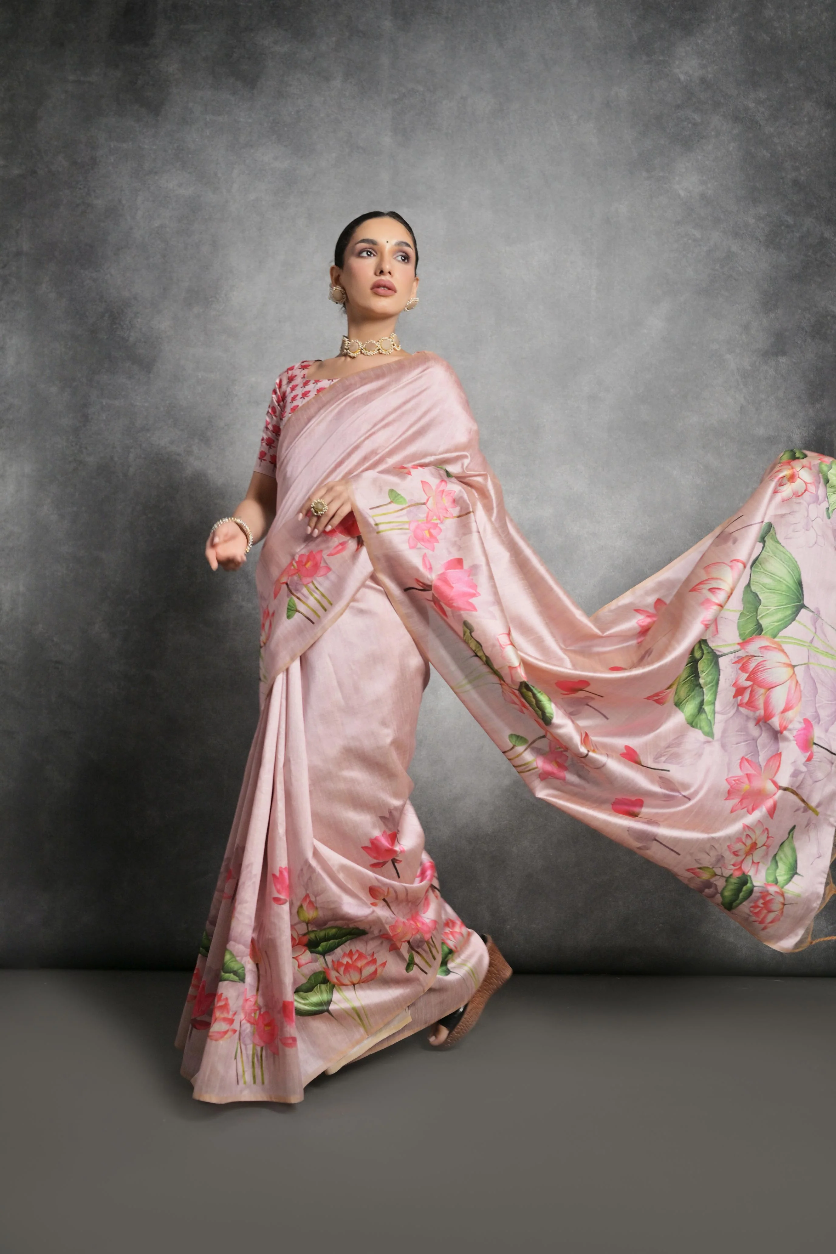 Jyoti Fashion Women's Peach Soft Tussar Silk Floral Printed Saree with Blouse - Image 2