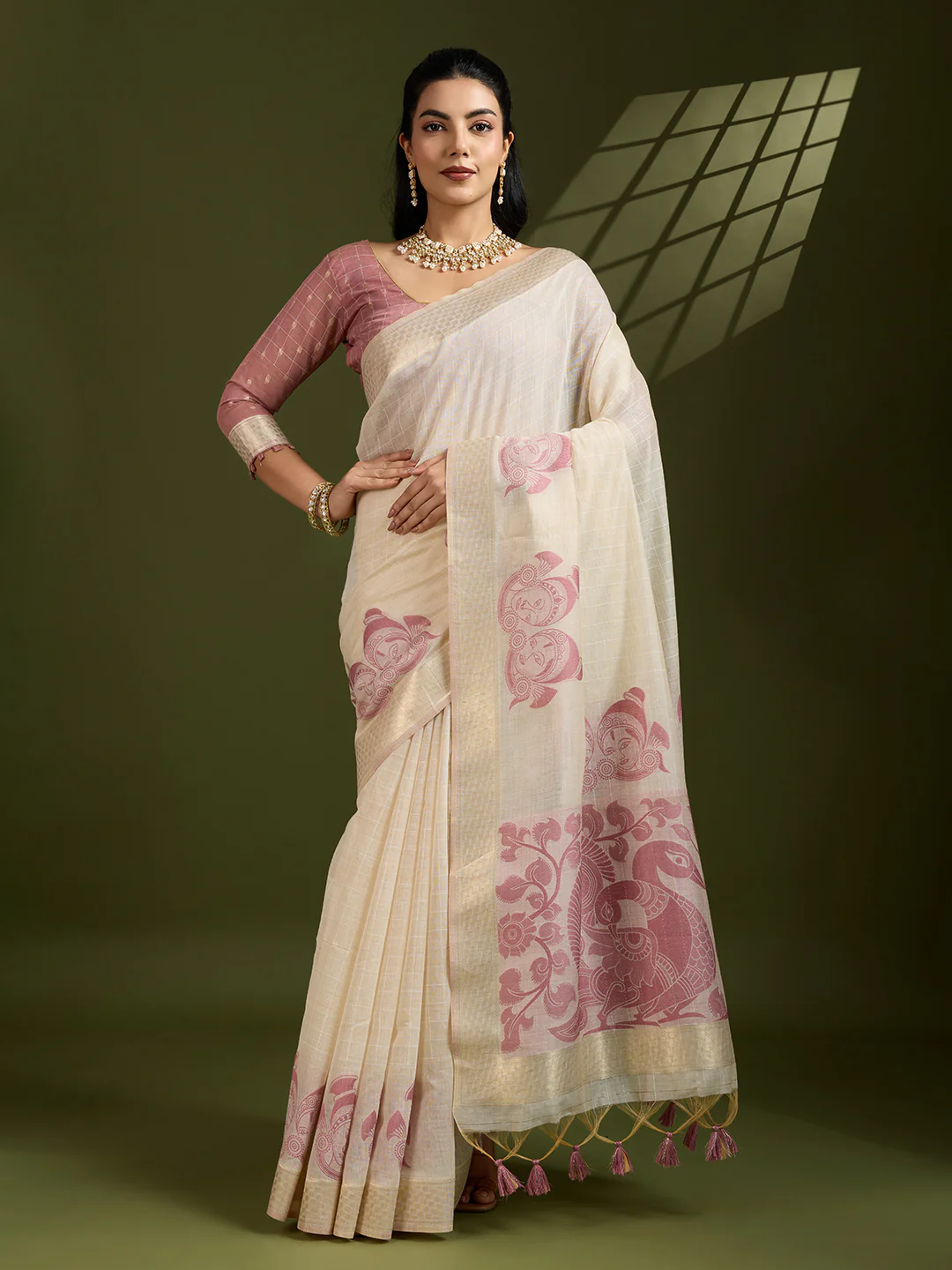 Jyoti Fashion Women's Pink Soft Muga Cotton Kalamkari Woven Saree with Blouse