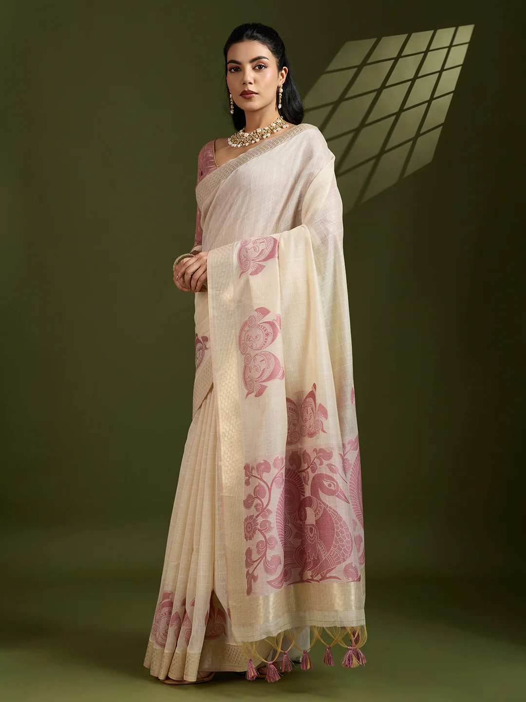 Jyoti Fashion Women's Pink Soft Muga Cotton Kalamkari Woven Saree with Blouse - Image 2