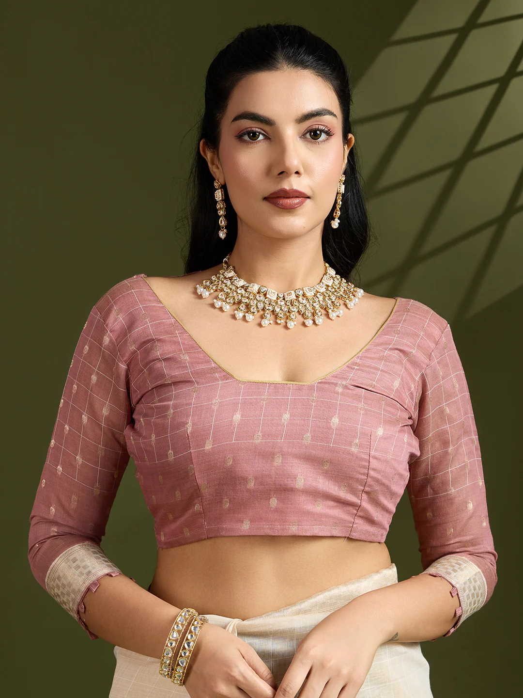 Jyoti Fashion Women's Pink Soft Muga Cotton Kalamkari Woven Saree with Blouse - Image 4