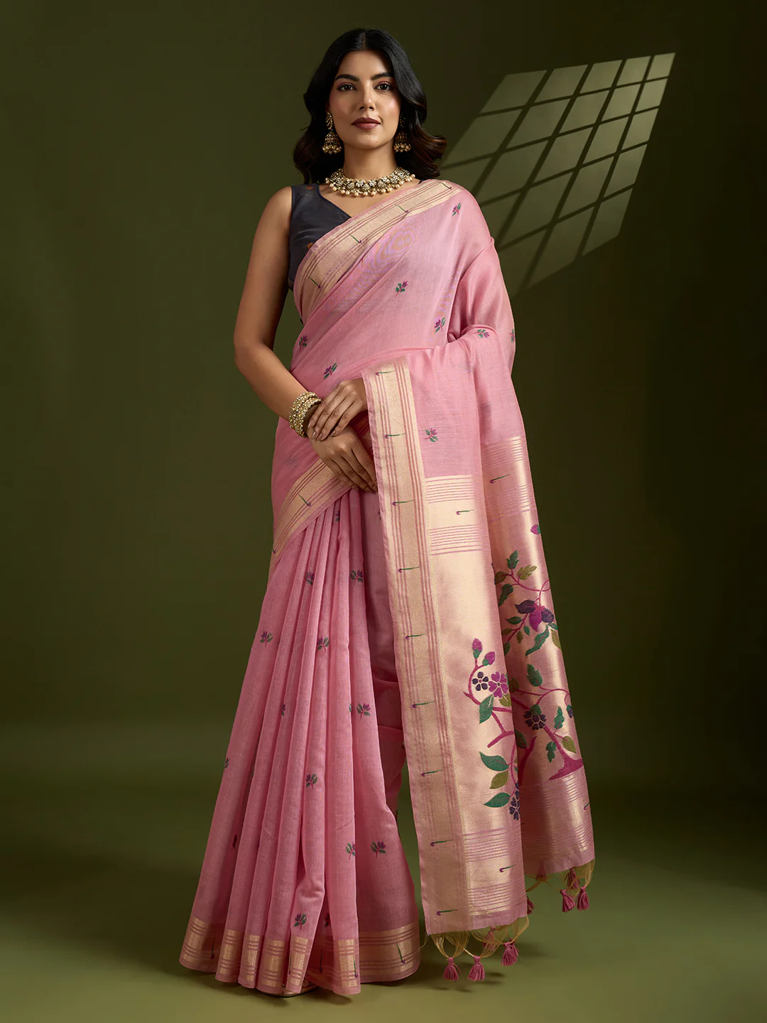Jyoti Fashion Women's Pink Soft Muga Cotton Paithani Zari Woven Saree with Blouse