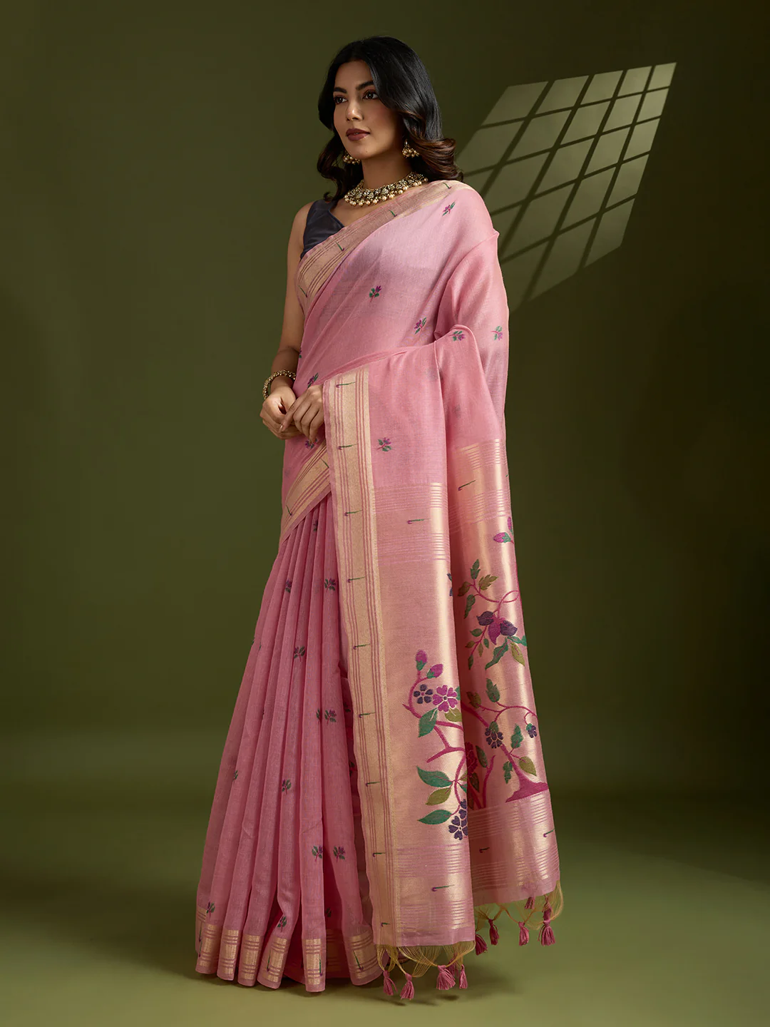 Jyoti Fashion Women's Pink Soft Muga Cotton Paithani Zari Woven Saree with Blouse - Image 2