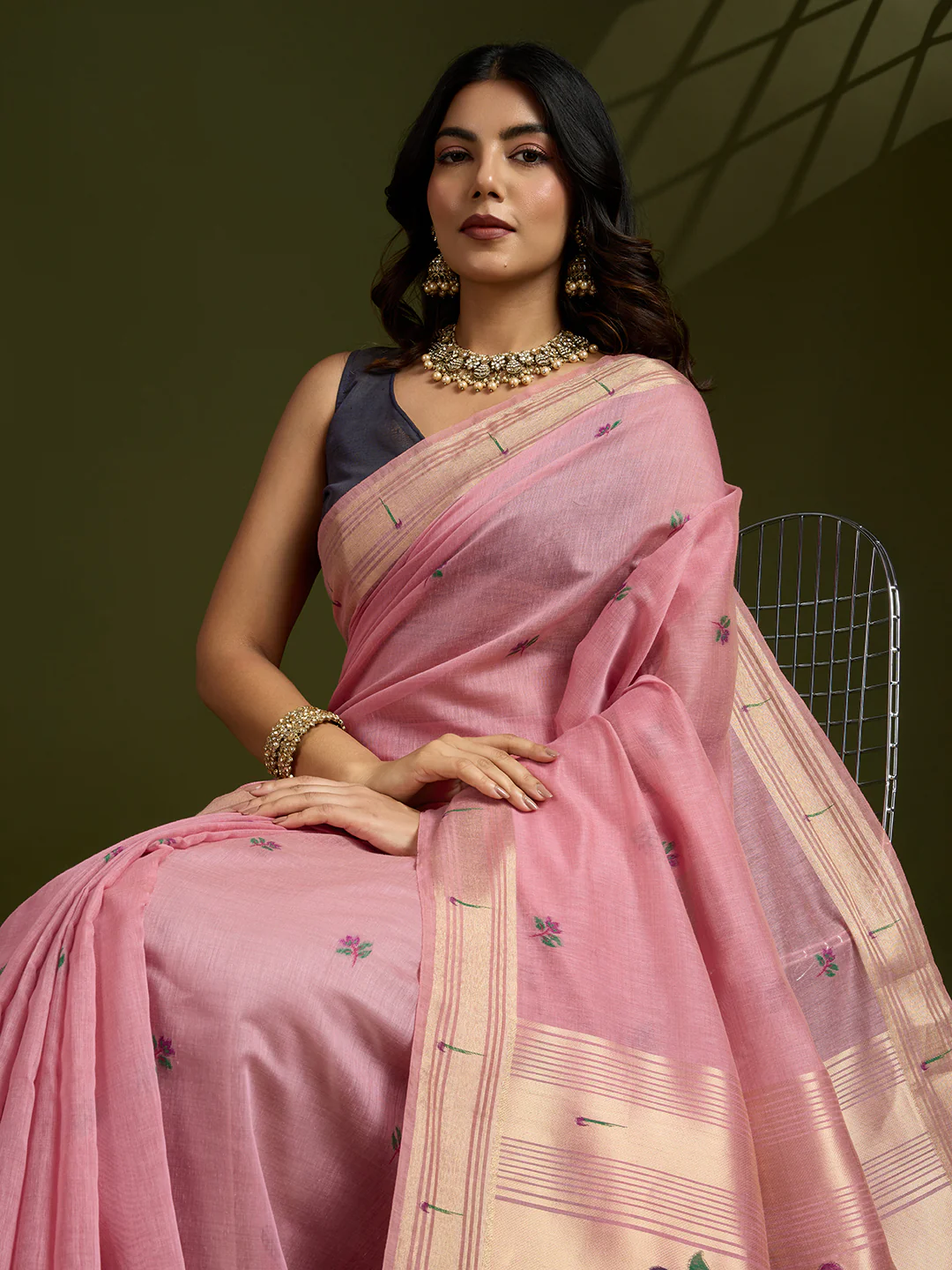 Jyoti Fashion Women's Pink Soft Muga Cotton Paithani Zari Woven Saree with Blouse - Image 3