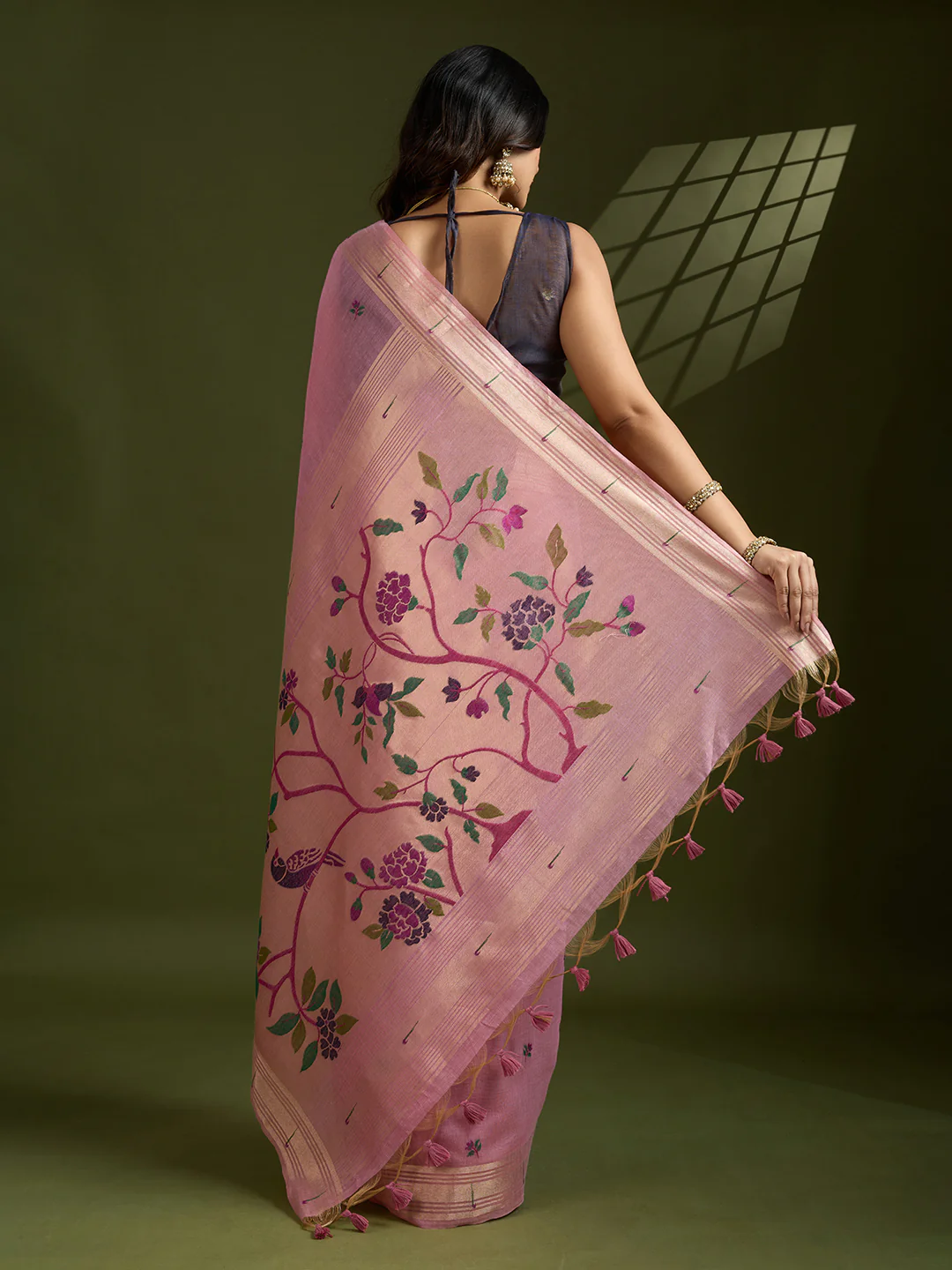 Jyoti Fashion Women's Pink Soft Muga Cotton Paithani Zari Woven Saree with Blouse - Image 5