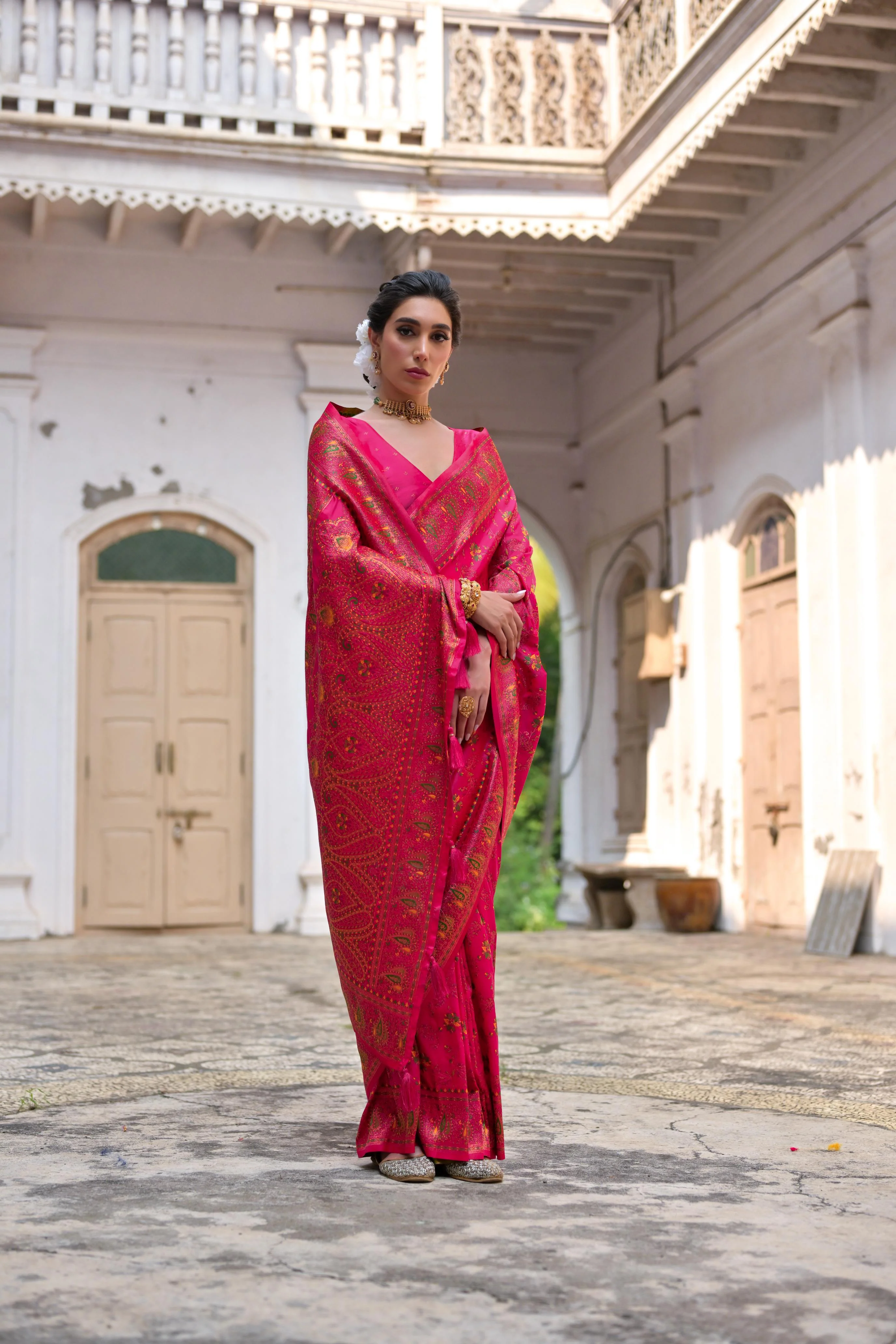 Jyoti Fashion Women's Pink Soft Pashmina Silk Meena Zari Woven Saree with Blouse - Image 2