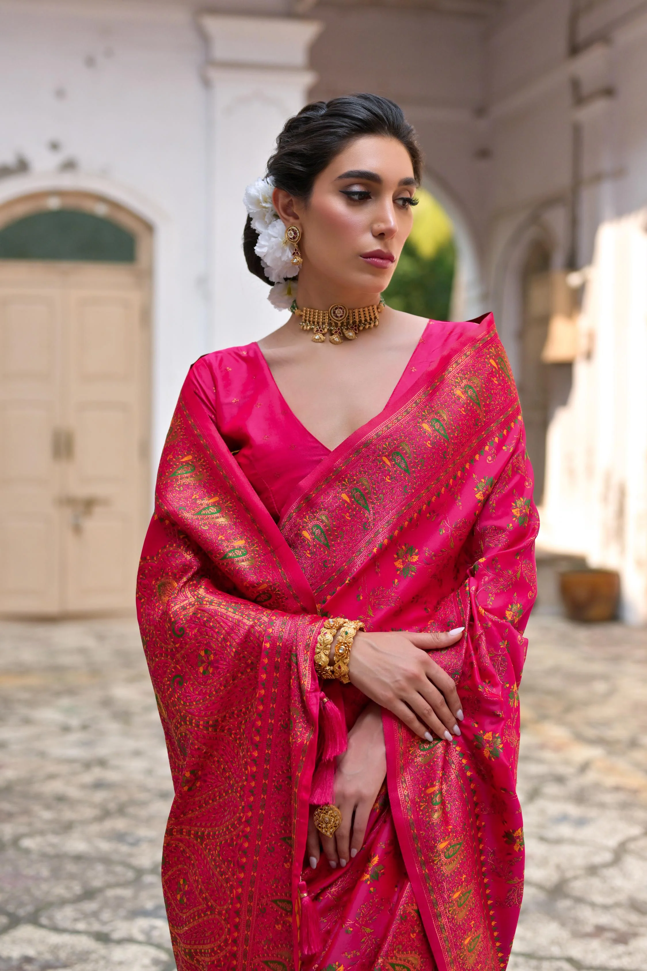 Jyoti Fashion Women's Pink Soft Pashmina Silk Meena Zari Woven Saree with Blouse - Image 3