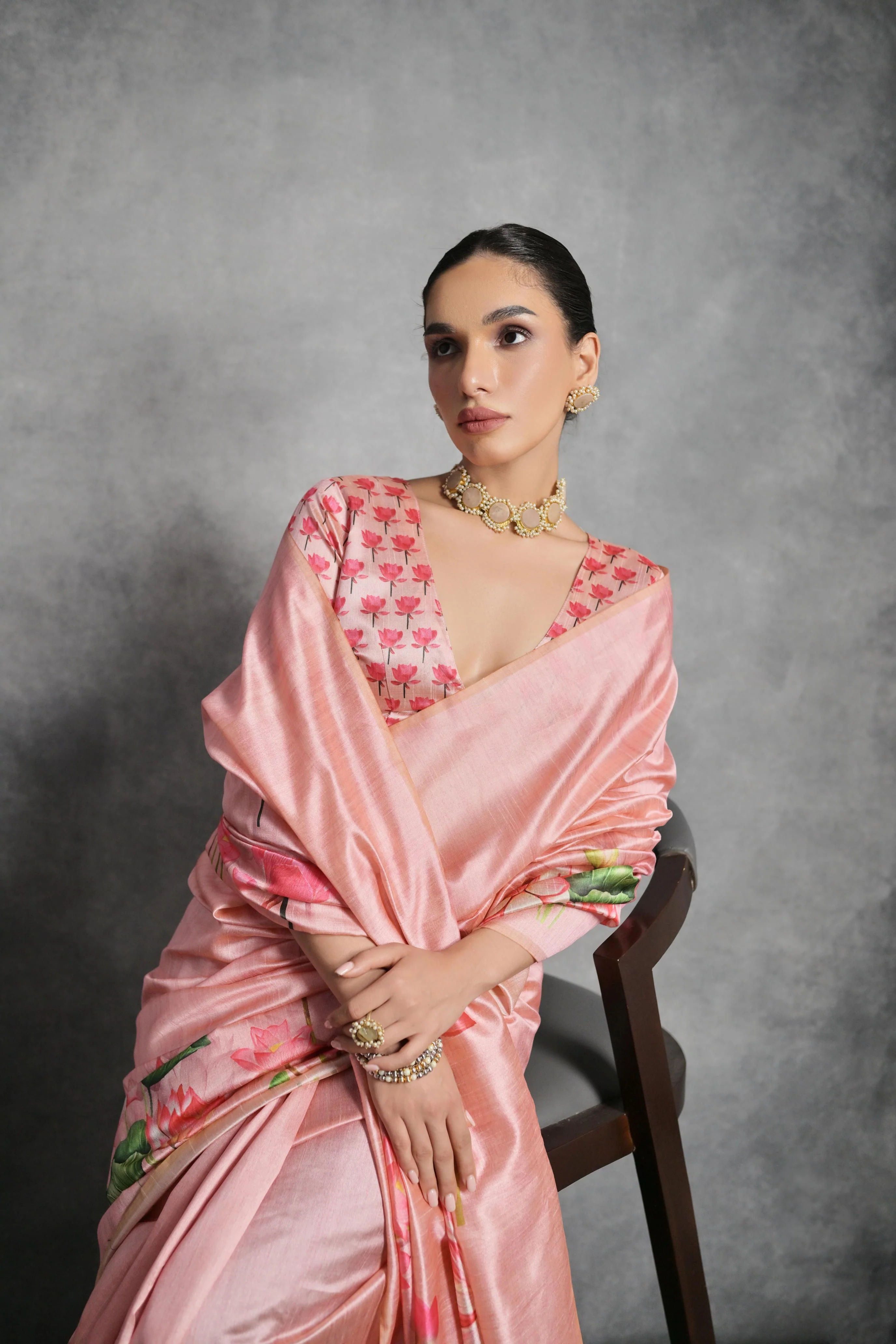 Jyoti Fashion Women's Pink Soft Tussar Silk Floral Printed Saree with Blouse - Image 2