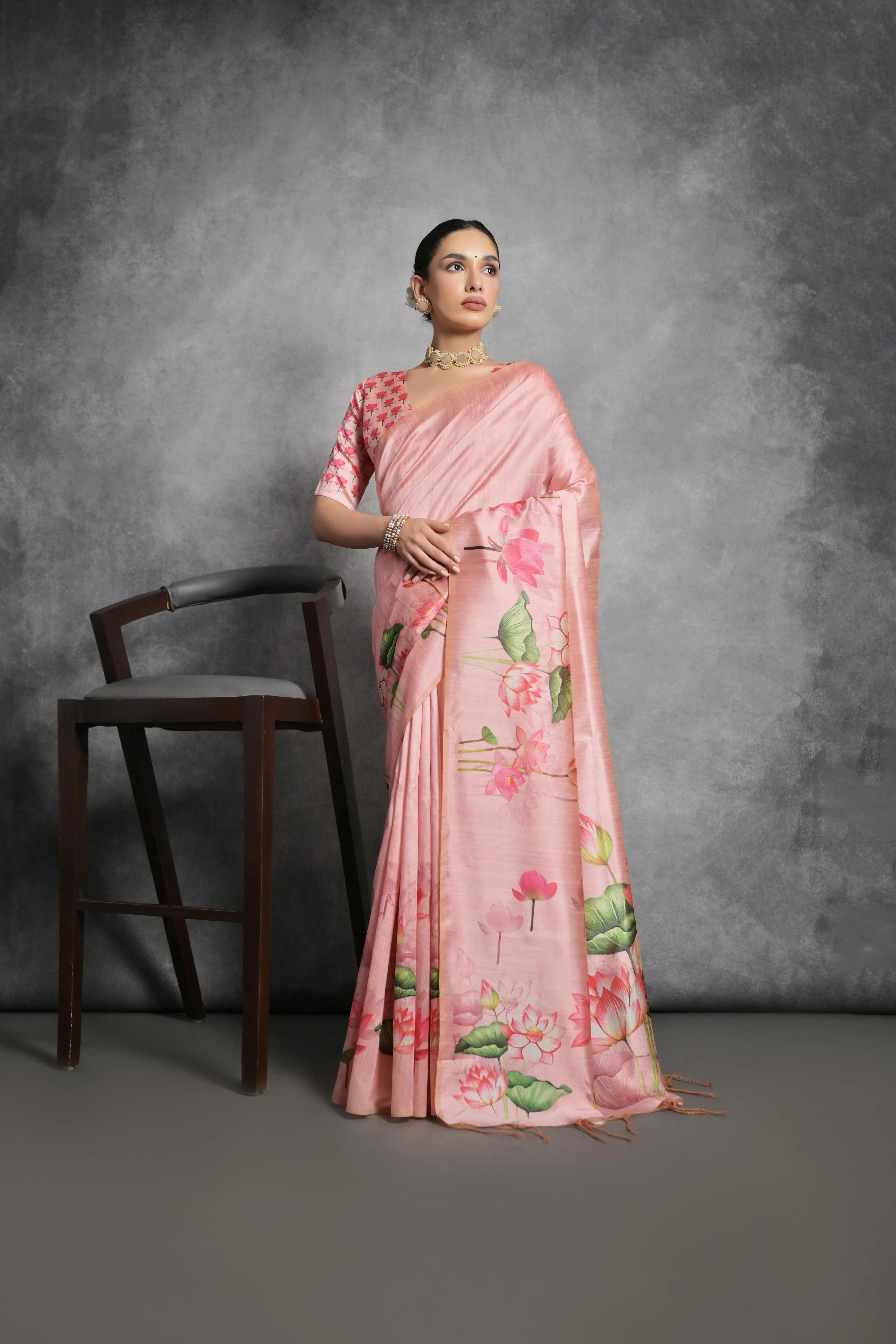 Jyoti Fashion Women's Pink Soft Tussar Silk Floral Printed Saree with Blouse - Image 3