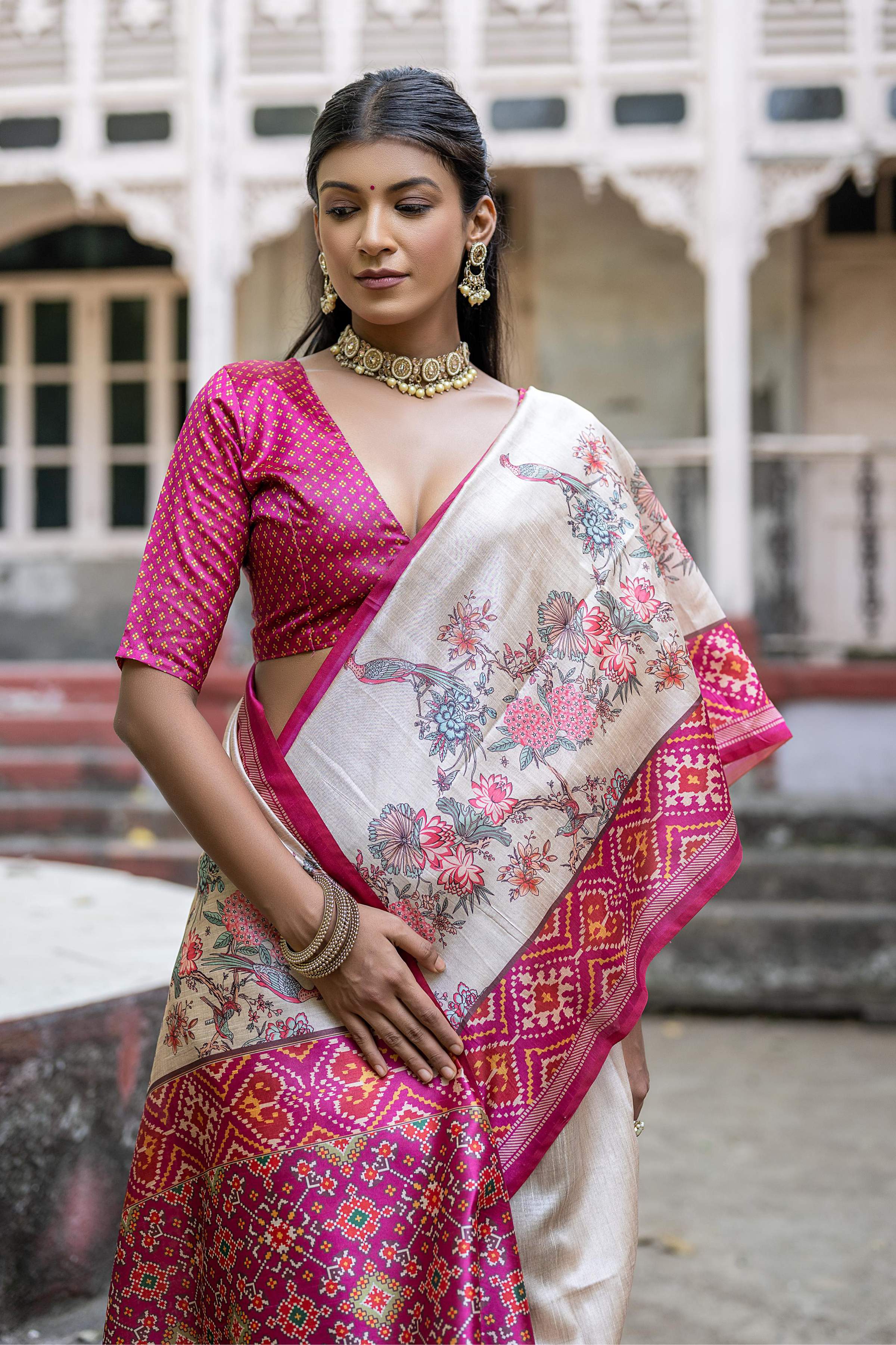 Jyoti Fashion Women's Pink Soft Tussar Silk Floral Printed Saree with Blouse - Image 2