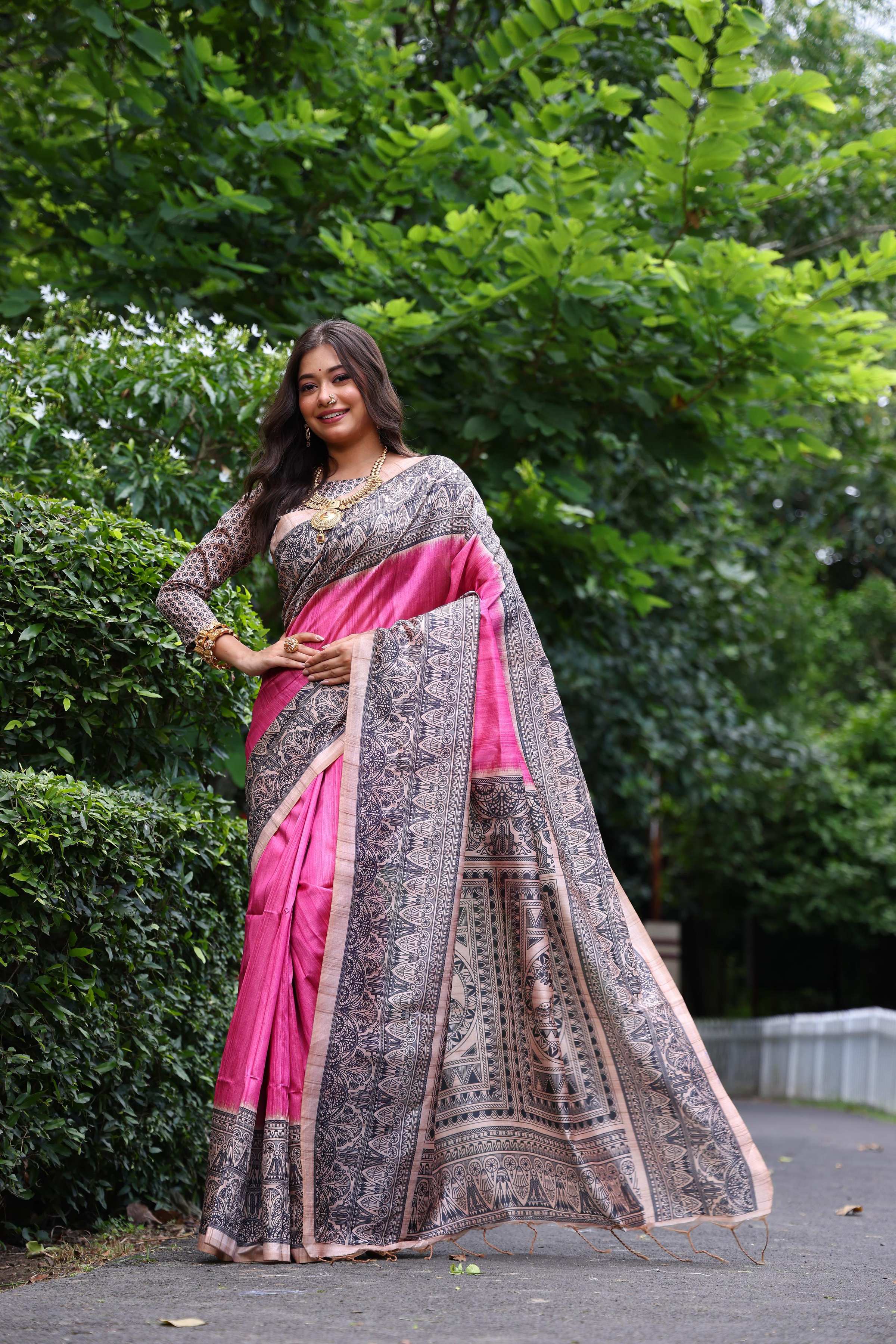 Jyoti Fashion Women's Pink Soft Tussar Silk Madhubani Printed Saree with Blouse