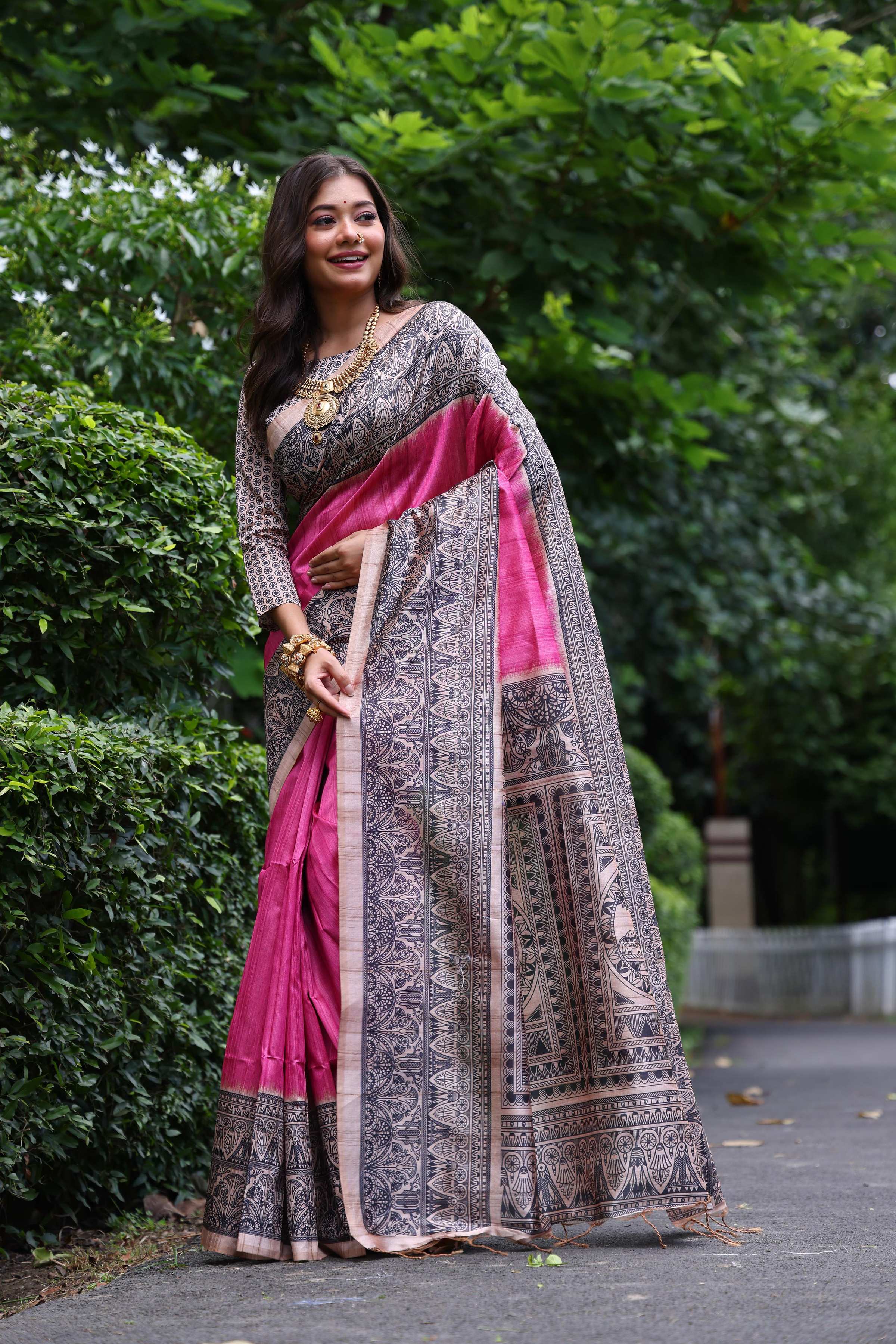 Jyoti Fashion Women's Pink Soft Tussar Silk Madhubani Printed Saree with Blouse - Image 2