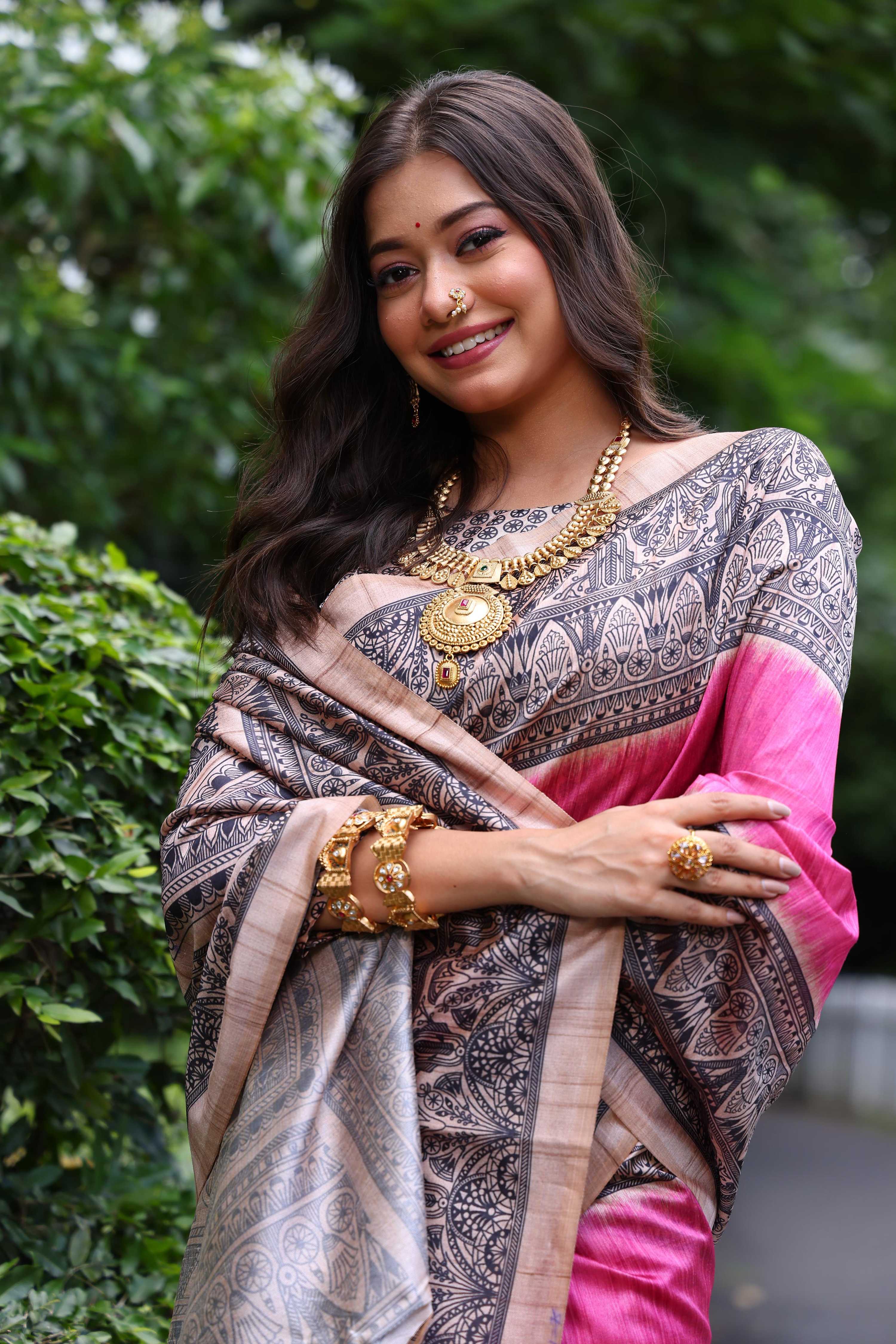 Jyoti Fashion Women's Pink Soft Tussar Silk Madhubani Printed Saree with Blouse - Image 3