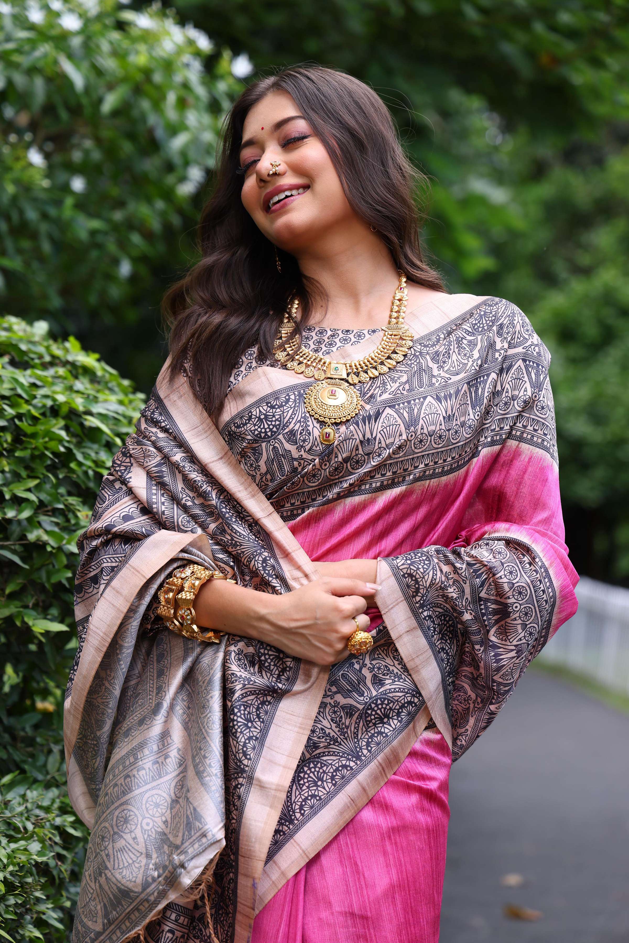 Jyoti Fashion Women's Pink Soft Tussar Silk Madhubani Printed Saree with Blouse - Image 4