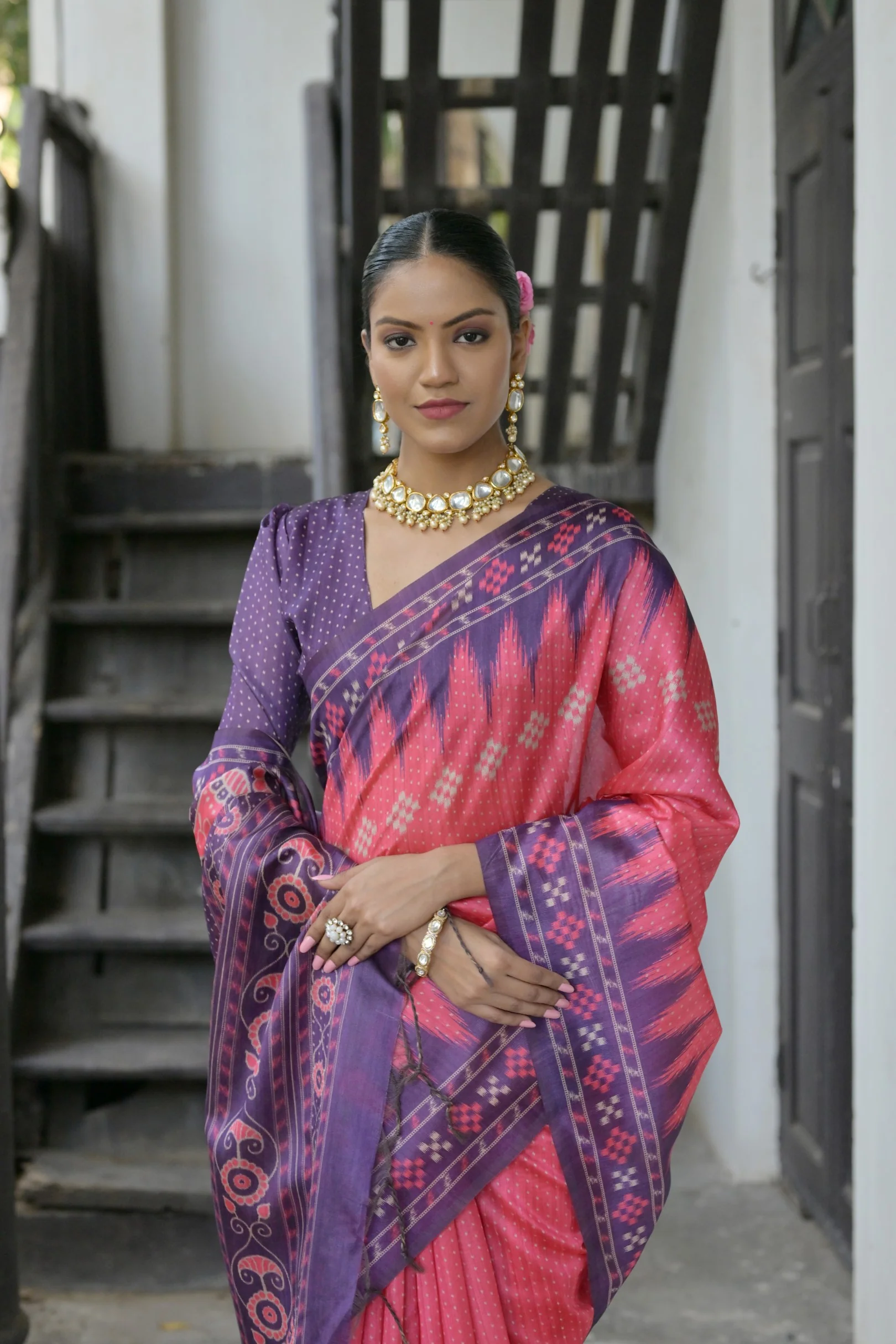 Jyoti Fashion Women's Pink Soft Tussar Silk Temple Border Saree with Blouse - Image 2