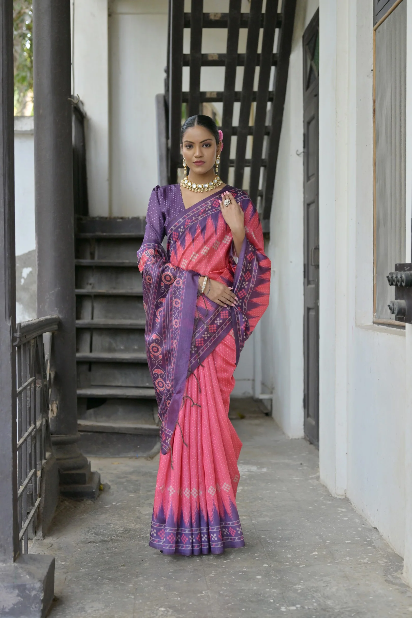 Jyoti Fashion Women's Pink Soft Tussar Silk Temple Border Saree with Blouse - Image 3