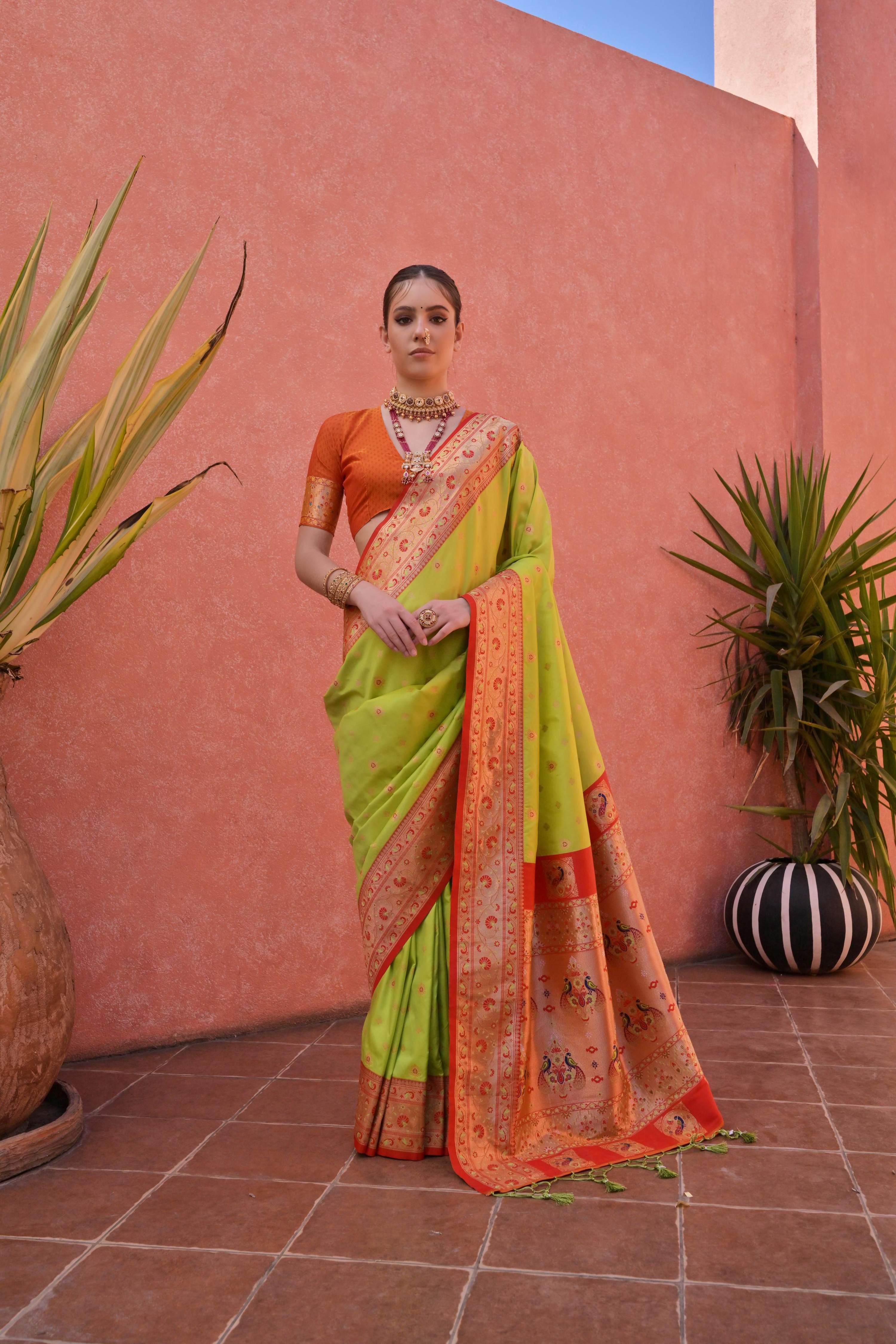 Jyoti Fashion Women's Pista Green Paithani Silk Zari Woven Saree with Blouse