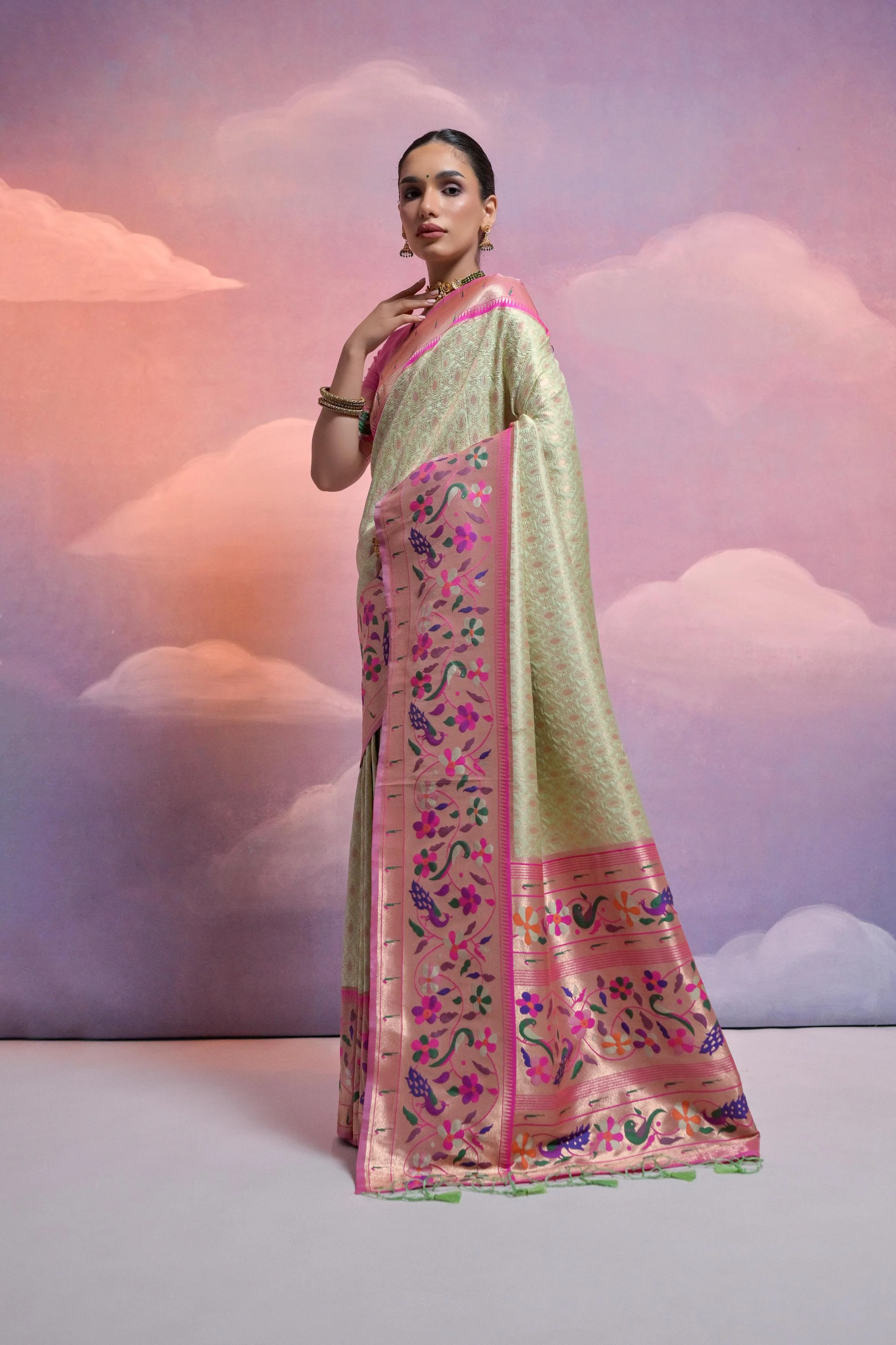 Jyoti Fashion Women's Pista Green Paithani Silk Zari Woven Saree with Blouse - Image 3