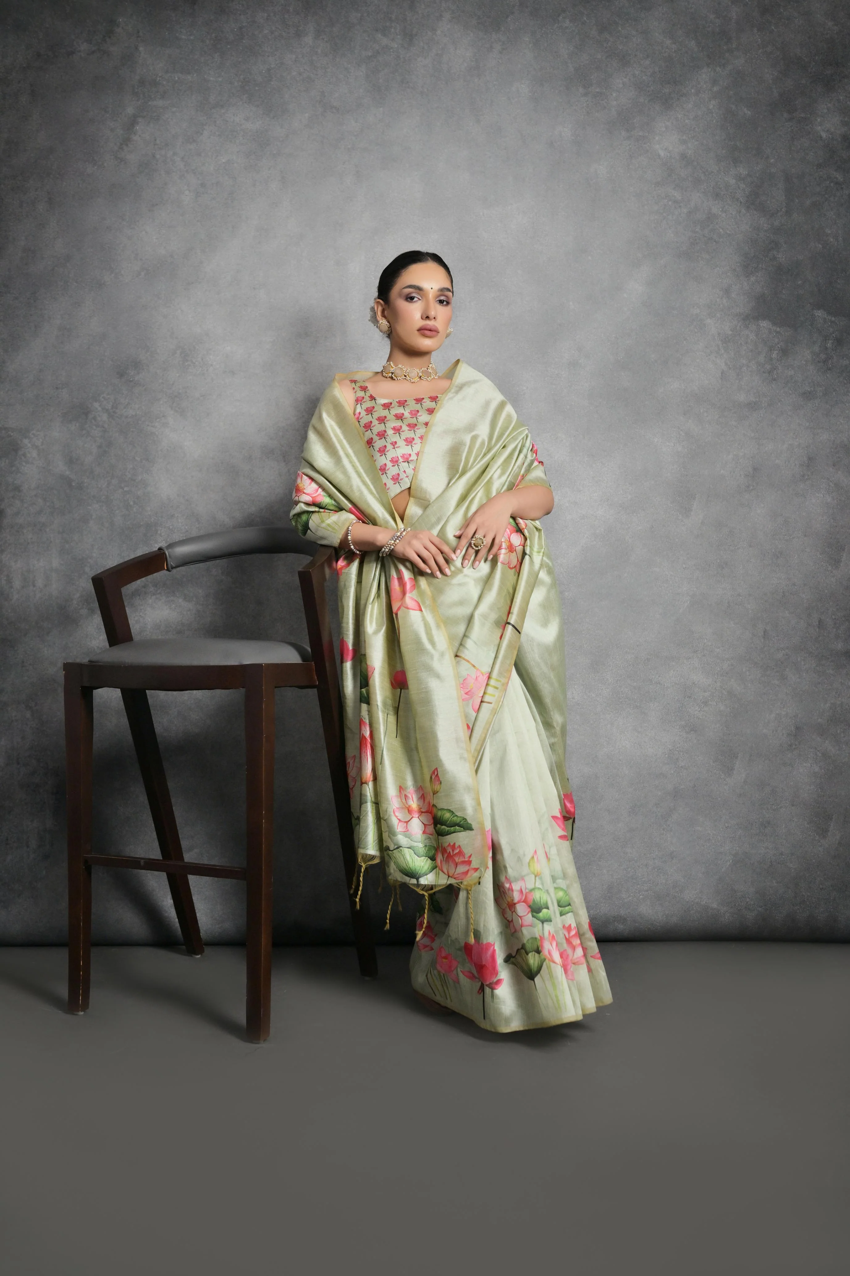 Jyoti Fashion Women's Pista Green Soft Tussar Silk Floral Printed Saree with Blouse - Image 2