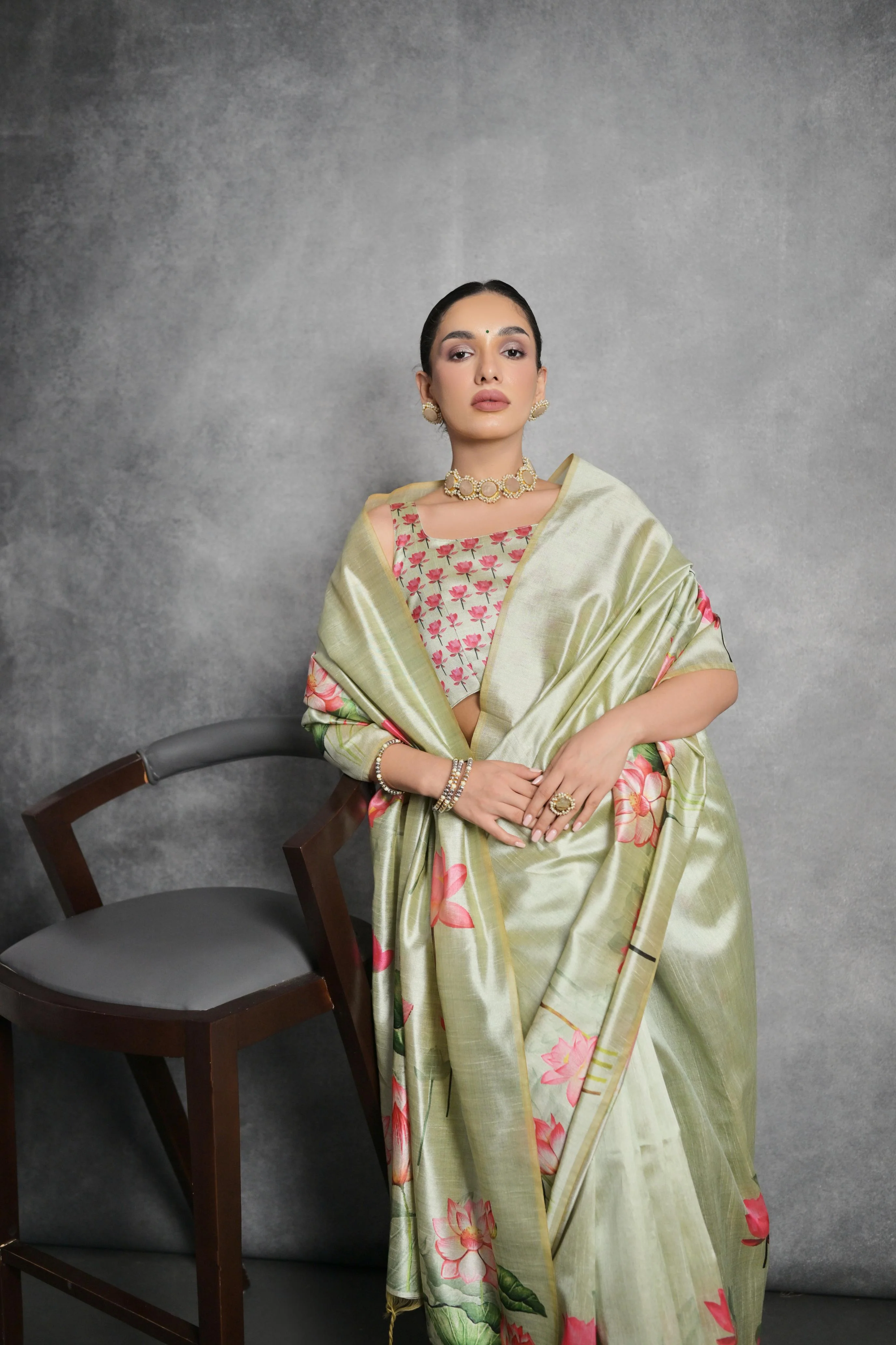 Jyoti Fashion Women's Pista Green Soft Tussar Silk Floral Printed Saree with Blouse - Image 3