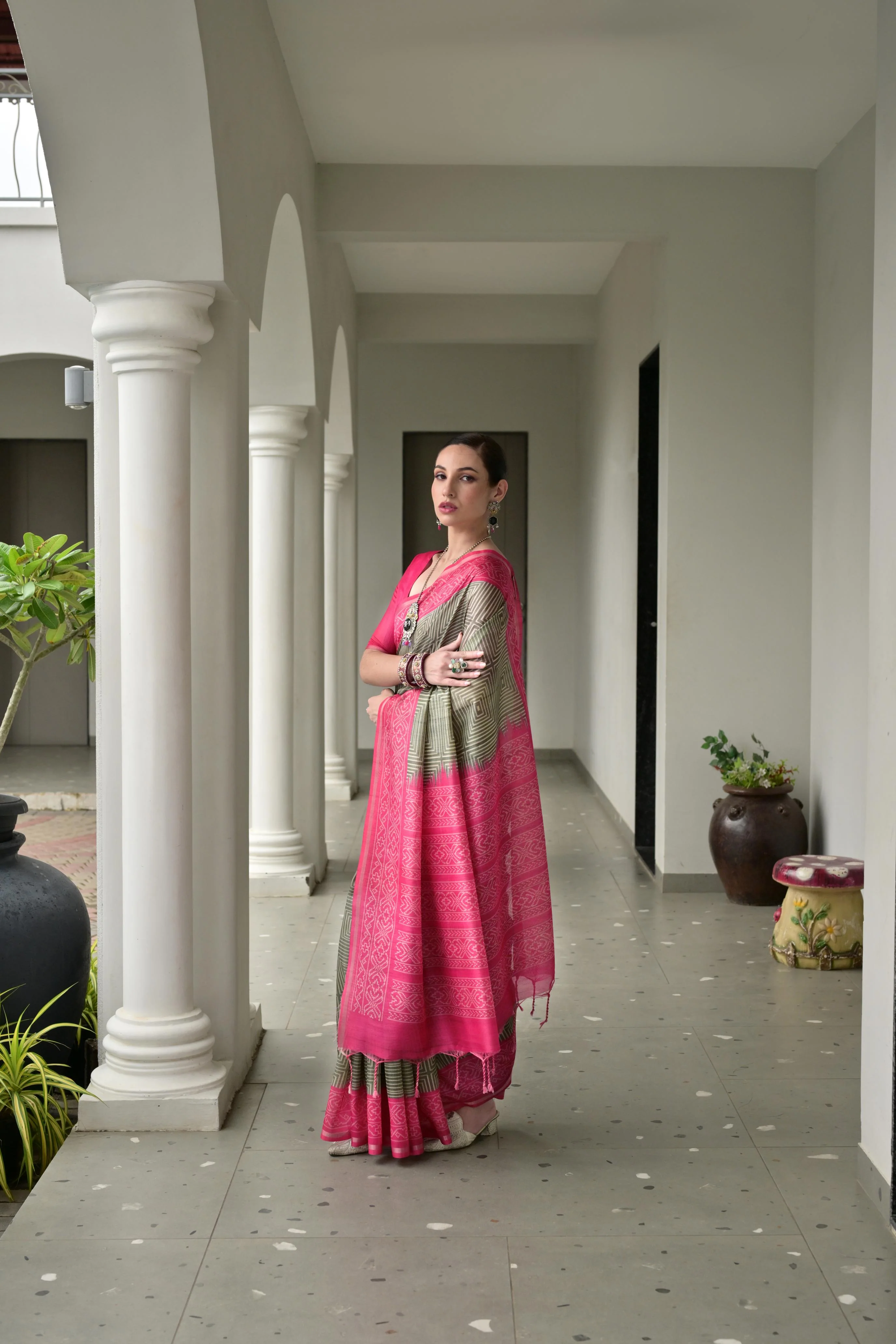 Jyoti Fashion Women's Pista Green Soft Tussar Silk Ikkat Printed Saree with Blouse - Image 2