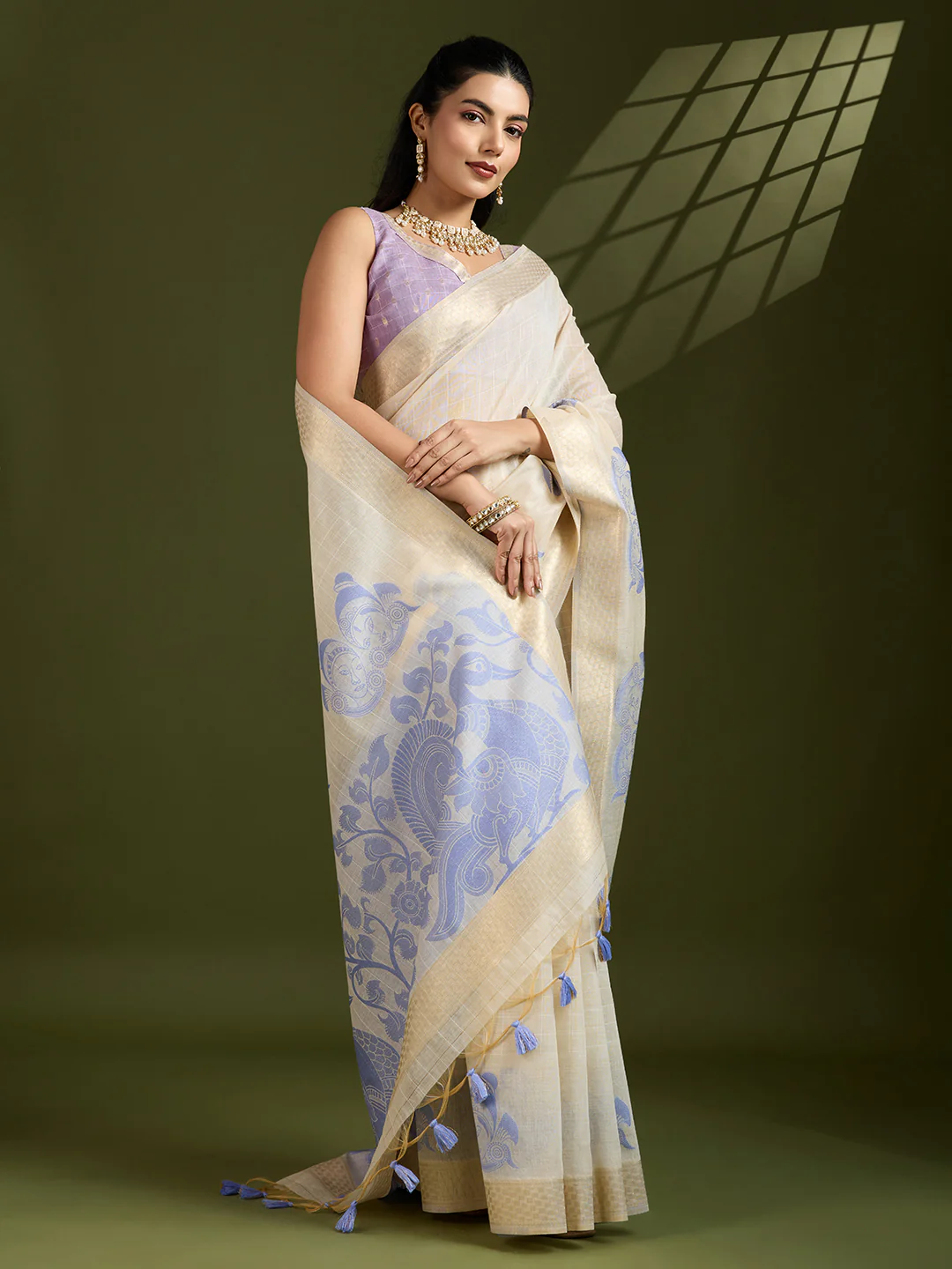 Jyoti Fashion Women's Purple Soft Muga Cotton Kalamkari Woven Saree with Blouse - Image 2