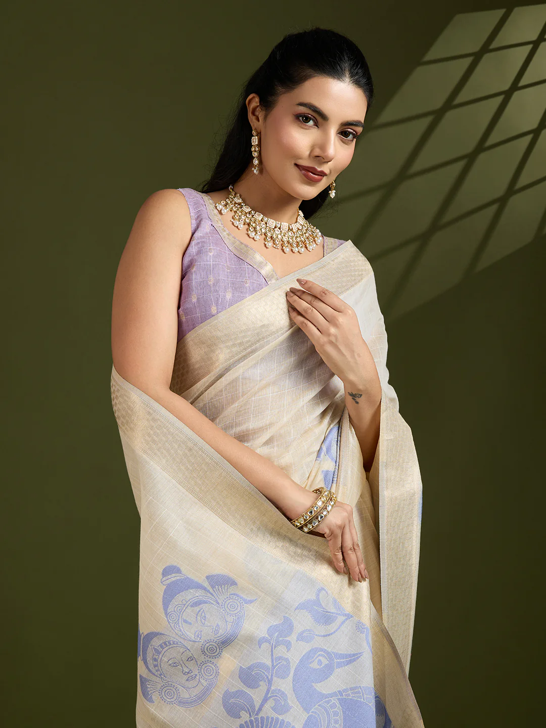 Jyoti Fashion Women's Purple Soft Muga Cotton Kalamkari Woven Saree with Blouse - Image 3