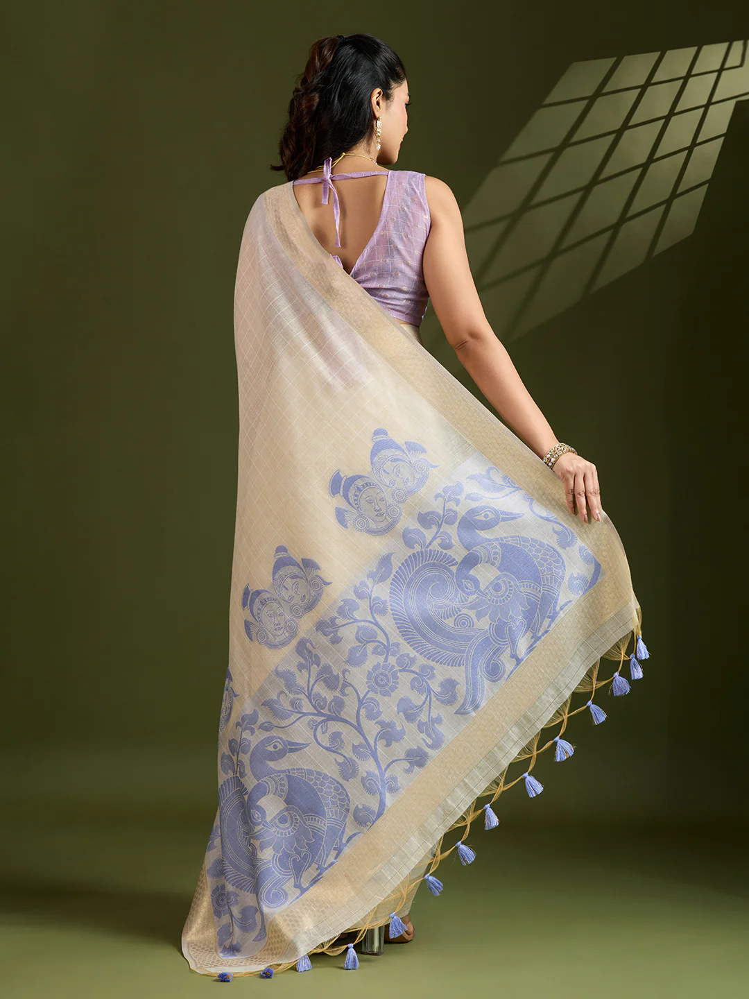 Jyoti Fashion Women's Purple Soft Muga Cotton Kalamkari Woven Saree with Blouse - Image 4