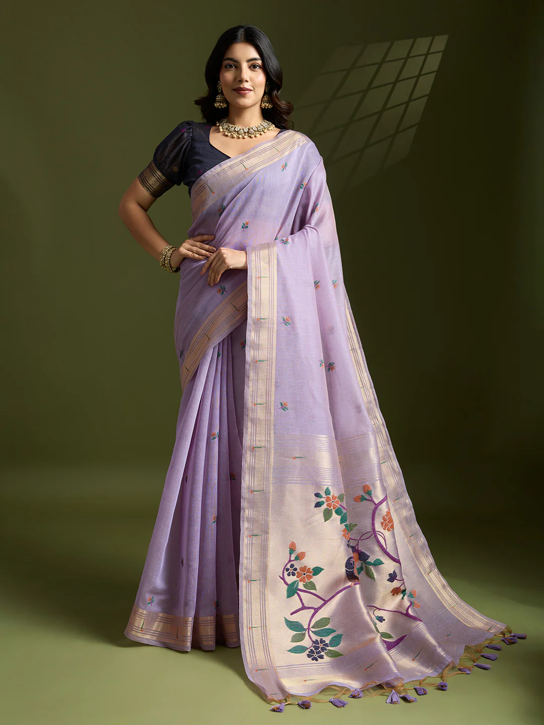 Jyoti Fashion Women's Purple Soft Muga Cotton Paithani Zari Woven Saree with Blouse
