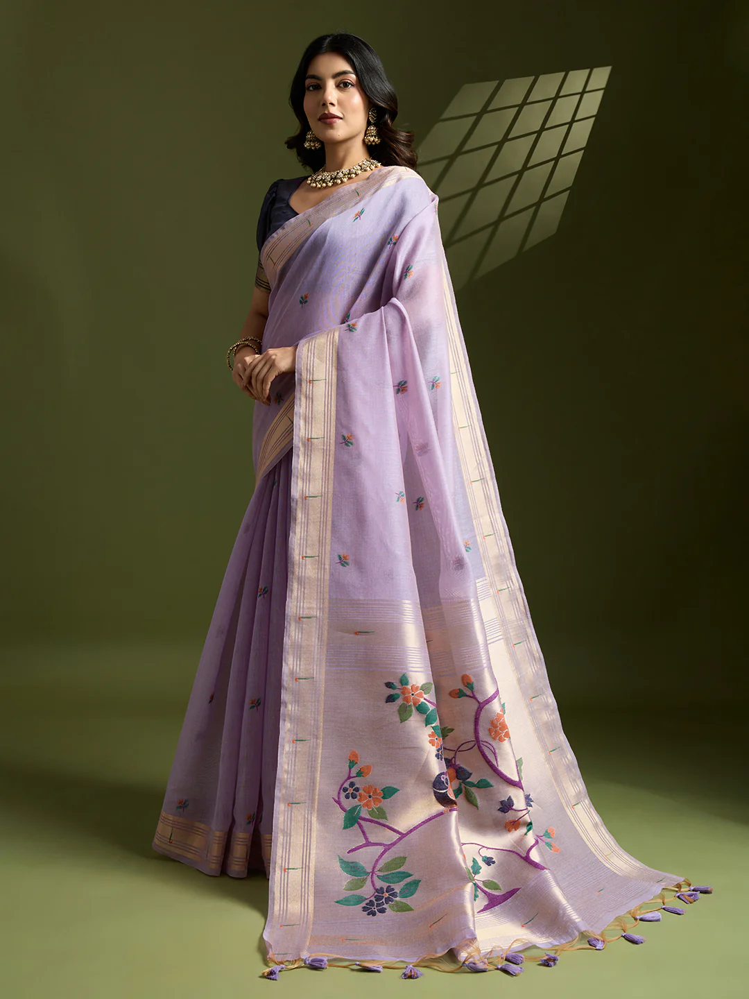 Jyoti Fashion Women's Purple Soft Muga Cotton Paithani Zari Woven Saree with Blouse - Image 2