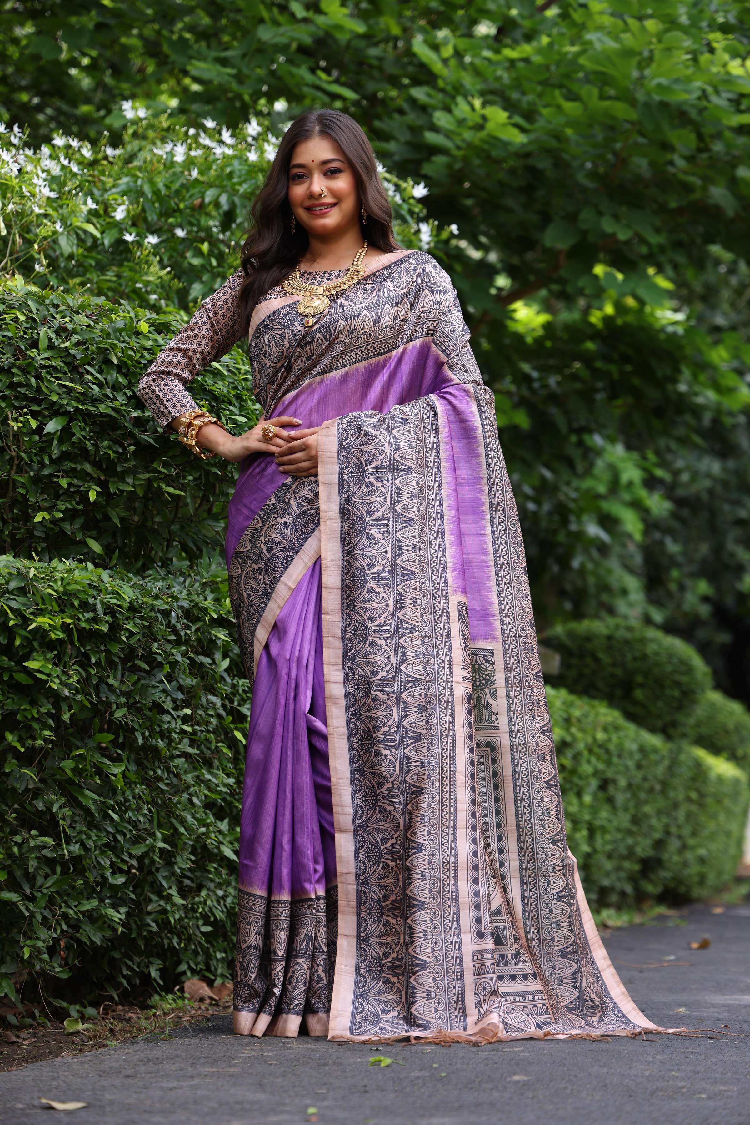 Jyoti Fashion Women's Purple Soft Tussar Silk Madhubani Printed Saree with Blouse
