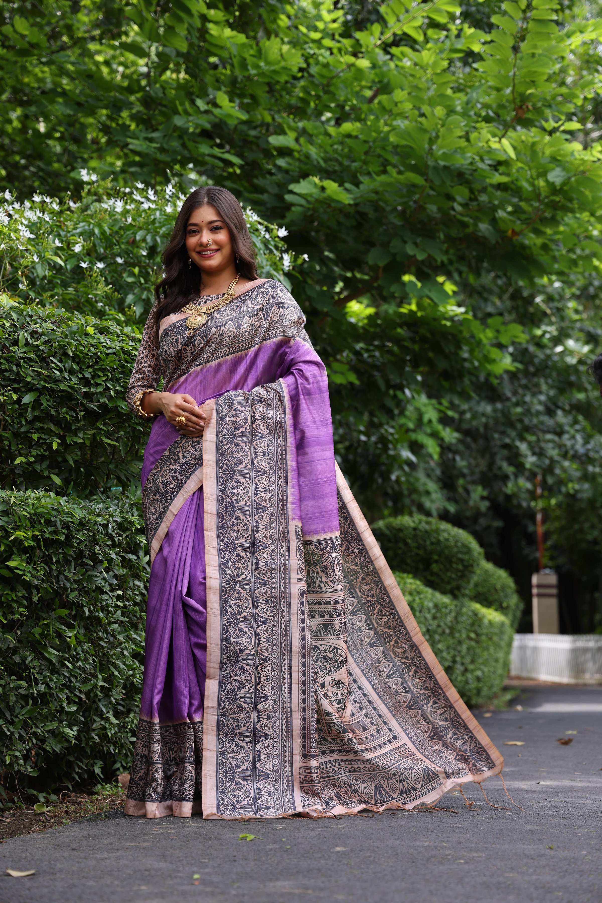 Jyoti Fashion Women's Purple Soft Tussar Silk Madhubani Printed Saree with Blouse - Image 2