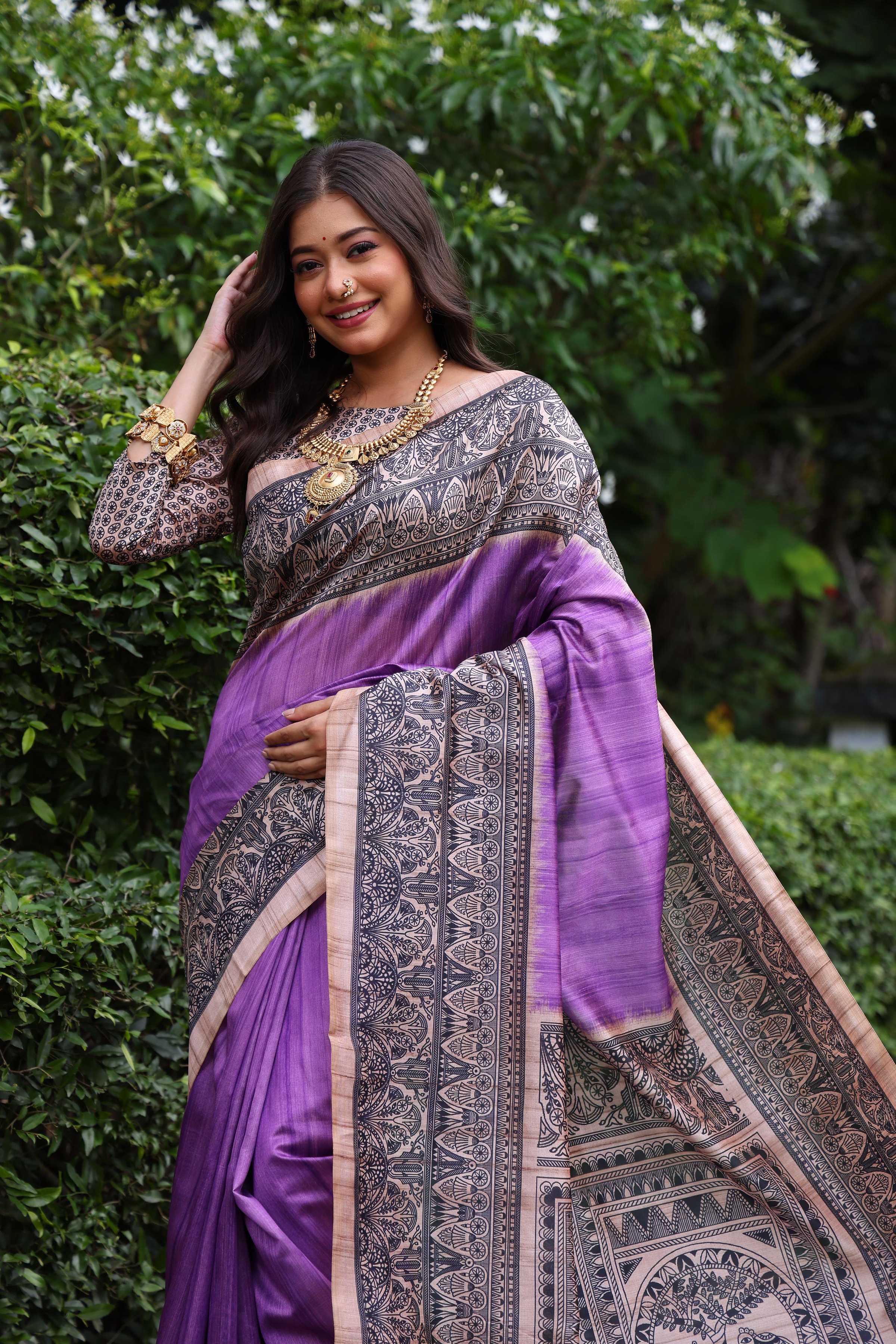 Jyoti Fashion Women's Purple Soft Tussar Silk Madhubani Printed Saree with Blouse - Image 3