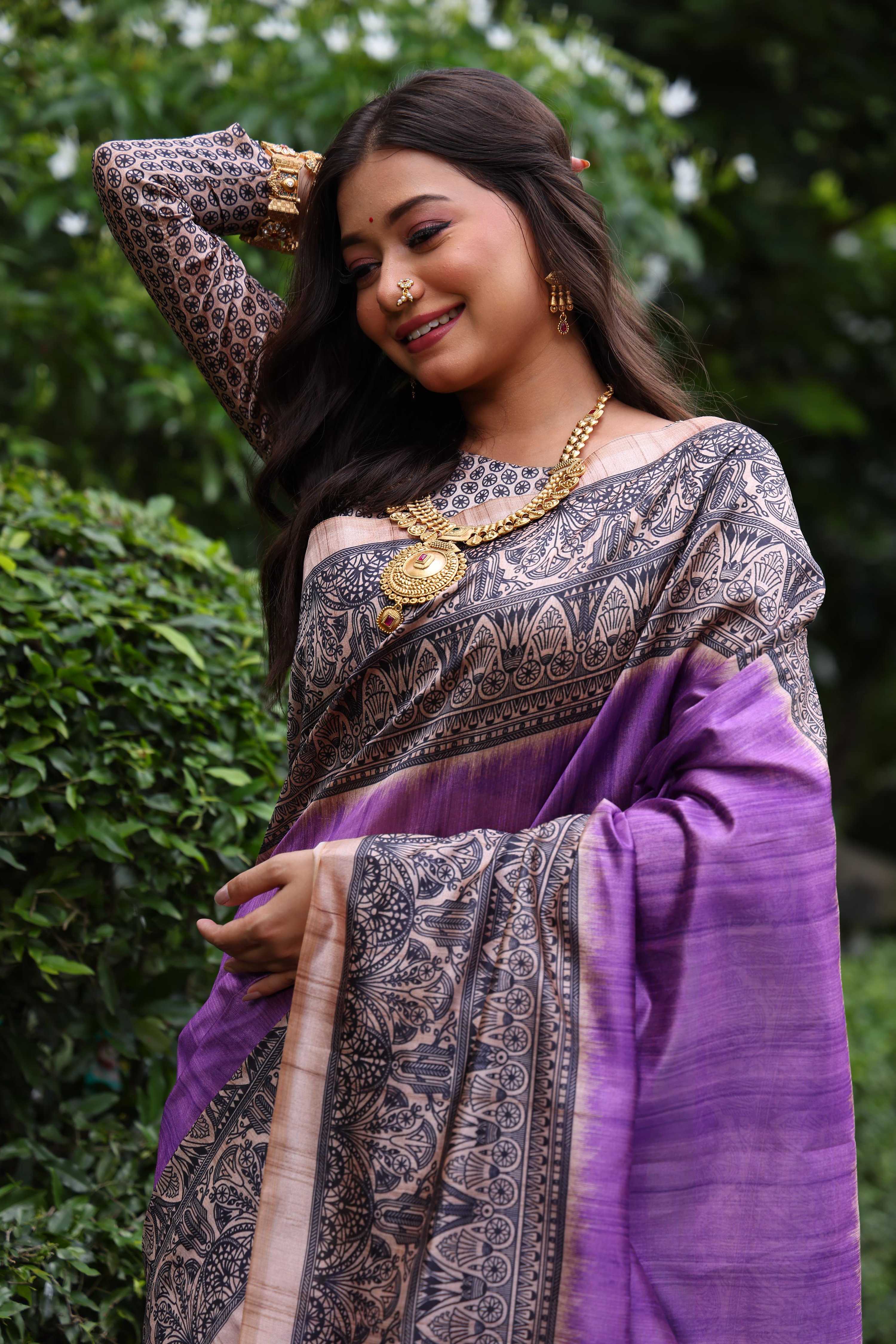 Jyoti Fashion Women's Purple Soft Tussar Silk Madhubani Printed Saree with Blouse - Image 4