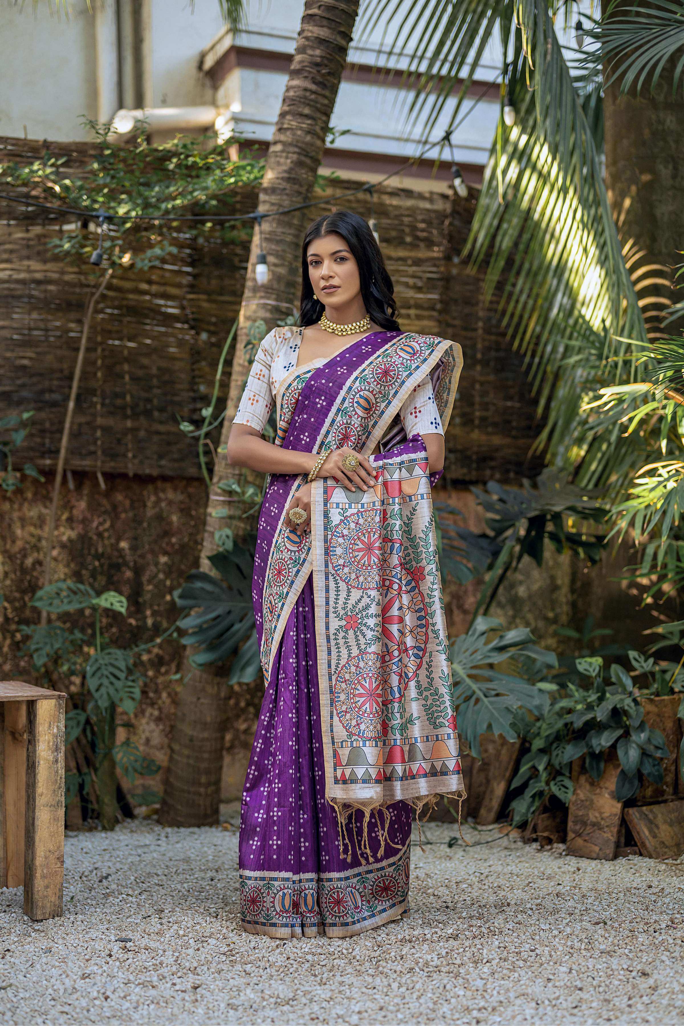 Jyoti Fashion Women's Purple Soft Tussar Silk Madhubani Printed Saree with Blouse - Image 2
