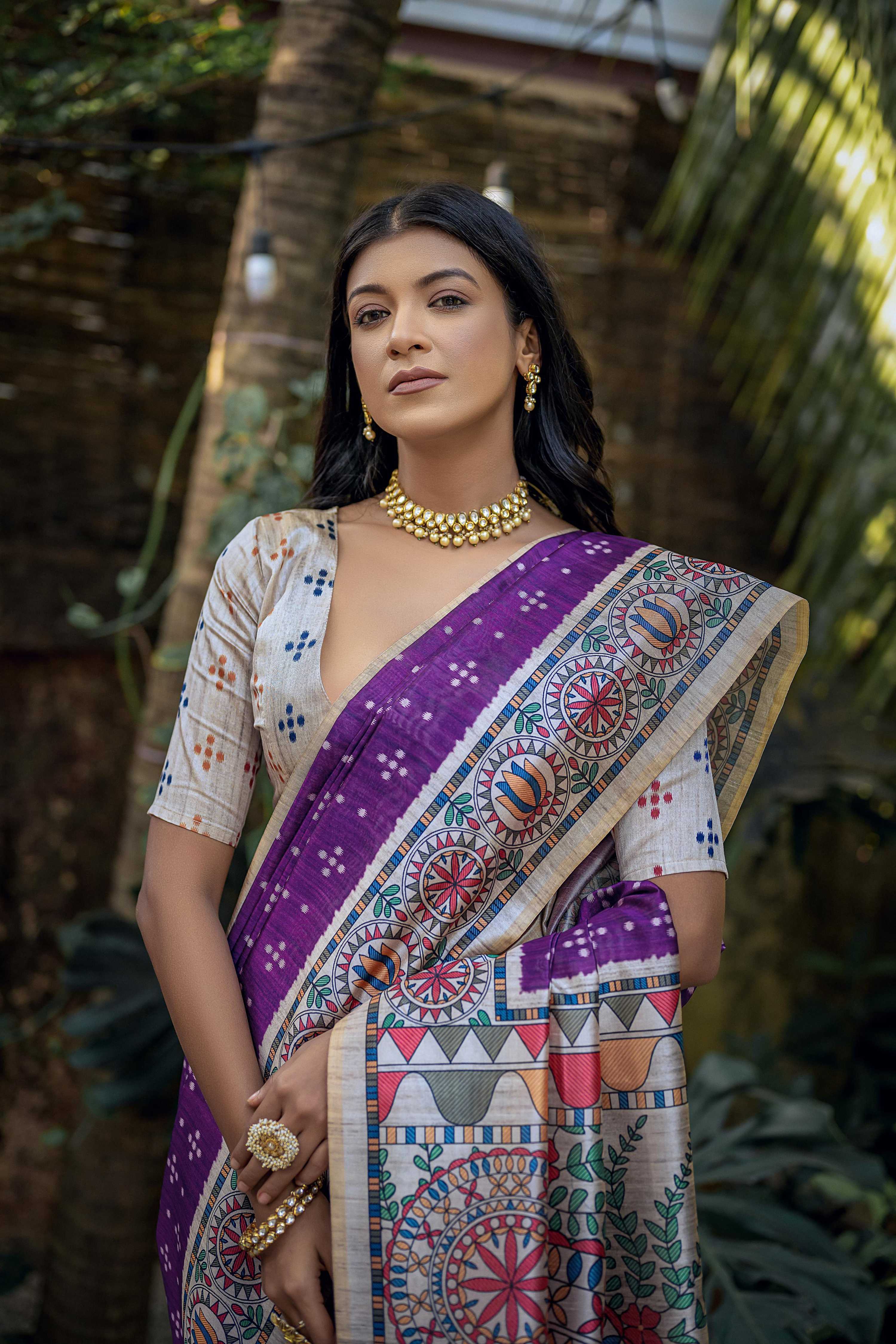 Jyoti Fashion Women's Purple Soft Tussar Silk Madhubani Printed Saree with Blouse - Image 3