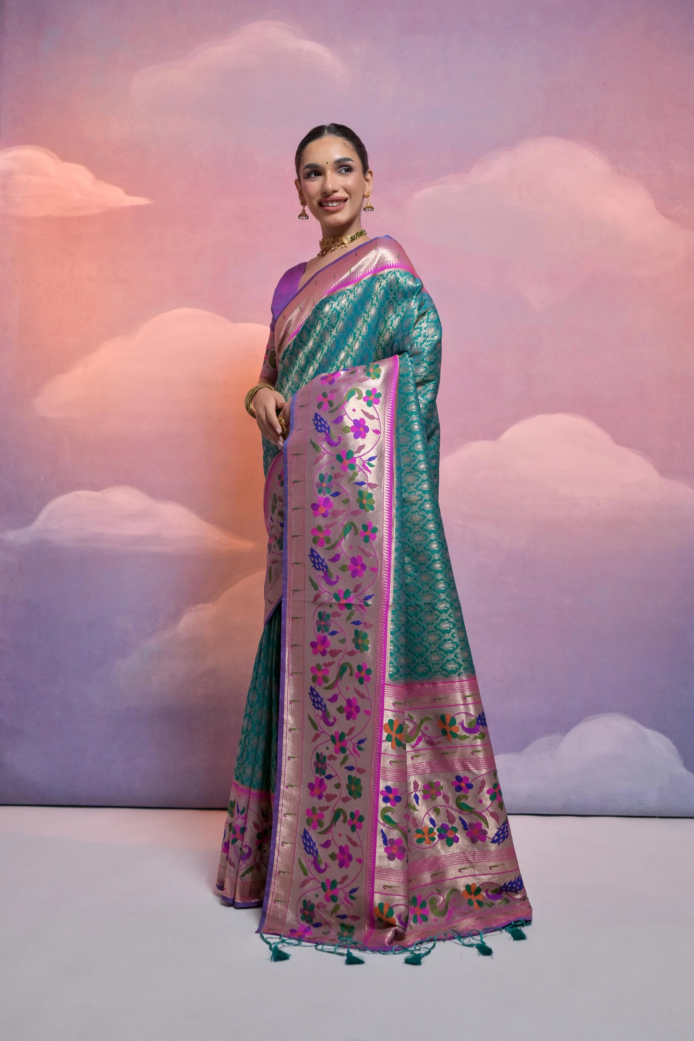 Jyoti Fashion Women's Rama Paithani Silk Zari Woven Saree with Blouse - Image 2