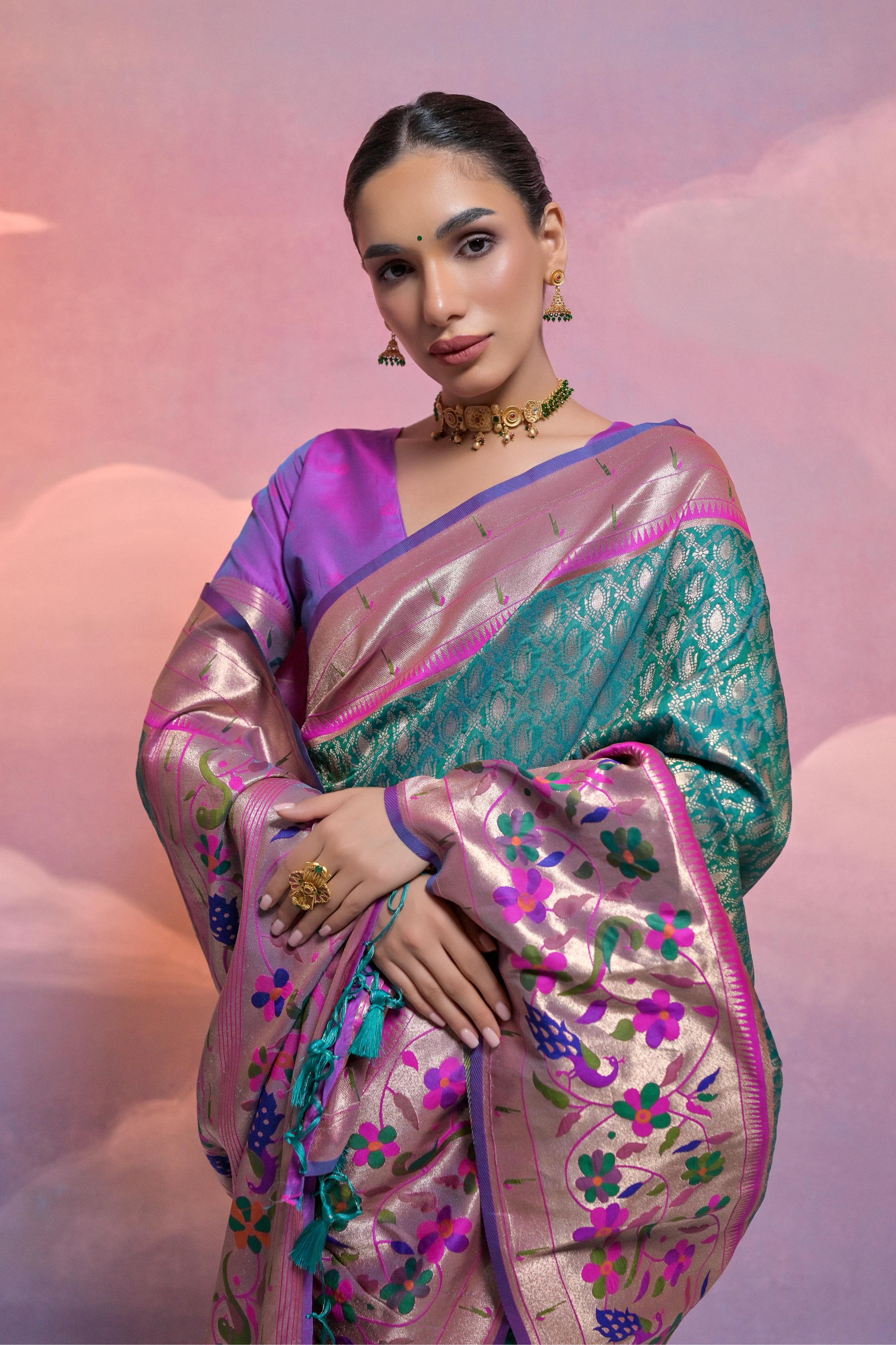 Jyoti Fashion Women's Rama Paithani Silk Zari Woven Saree with Blouse - Image 3