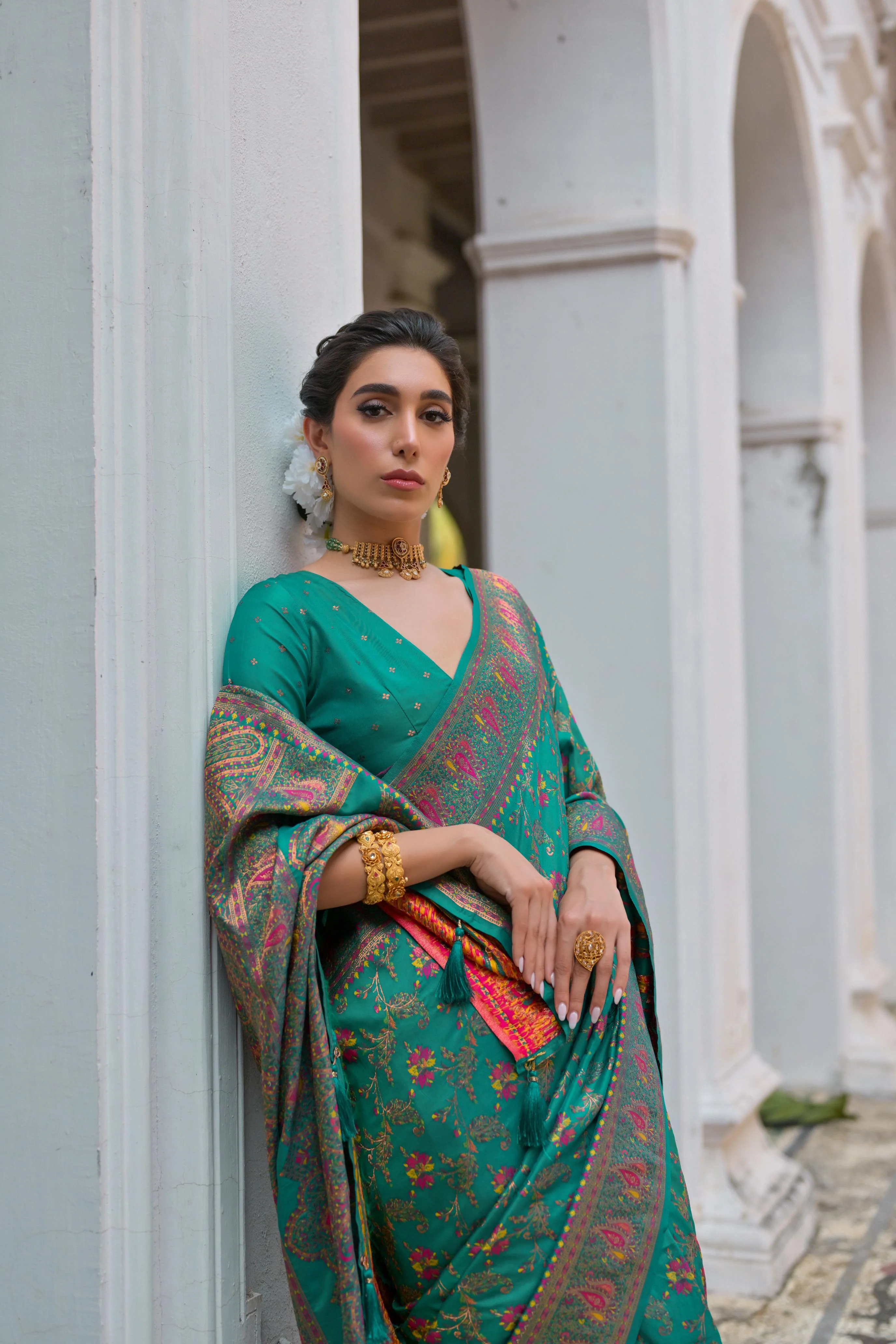 Jyoti Fashion Women's Rama Soft Pashmina Silk Meena Zari Woven Saree with Blouse - Image 3