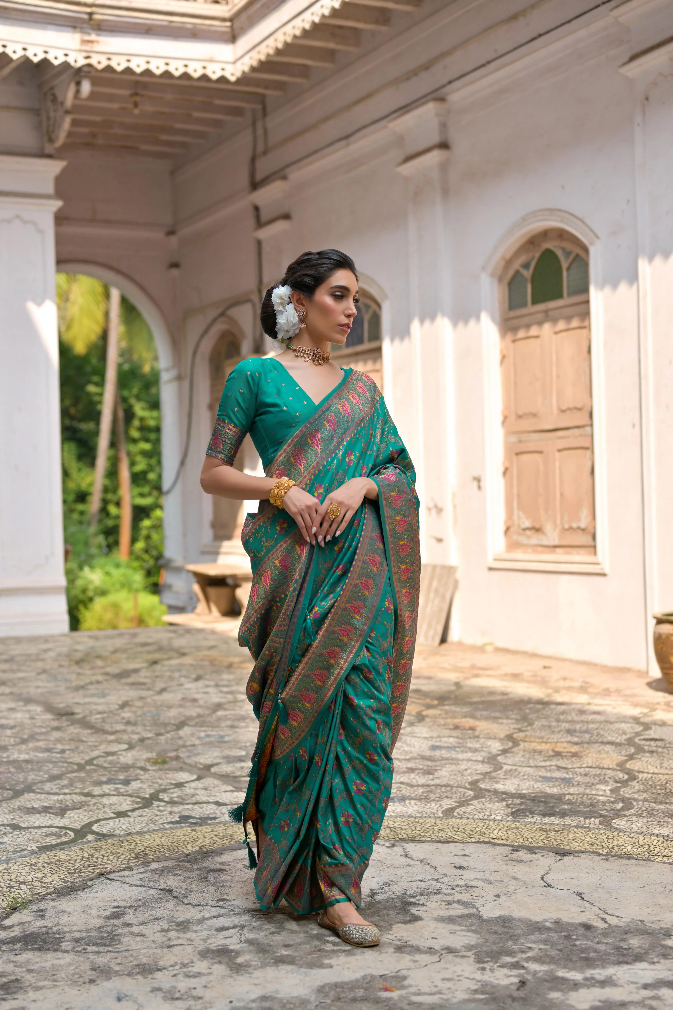Jyoti Fashion Women's Rama Soft Pashmina Silk Meena Zari Woven Saree with Blouse - Image 4