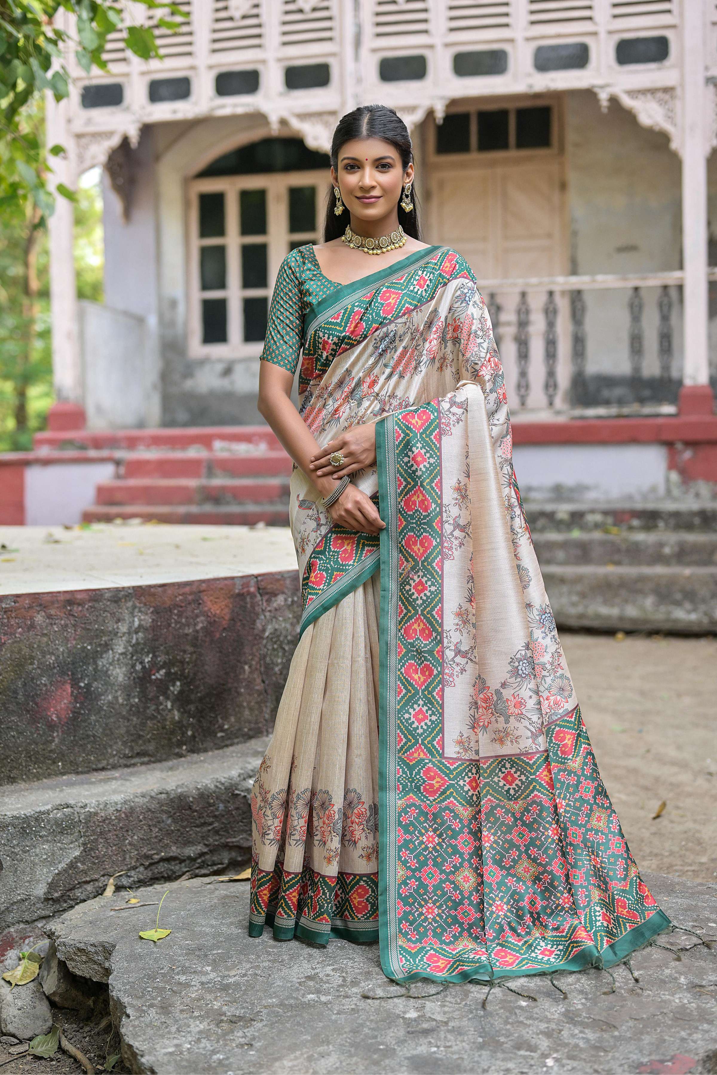 Jyoti Fashion Women's Rama Soft Tussar Silk Floral Printed Saree with Blouse