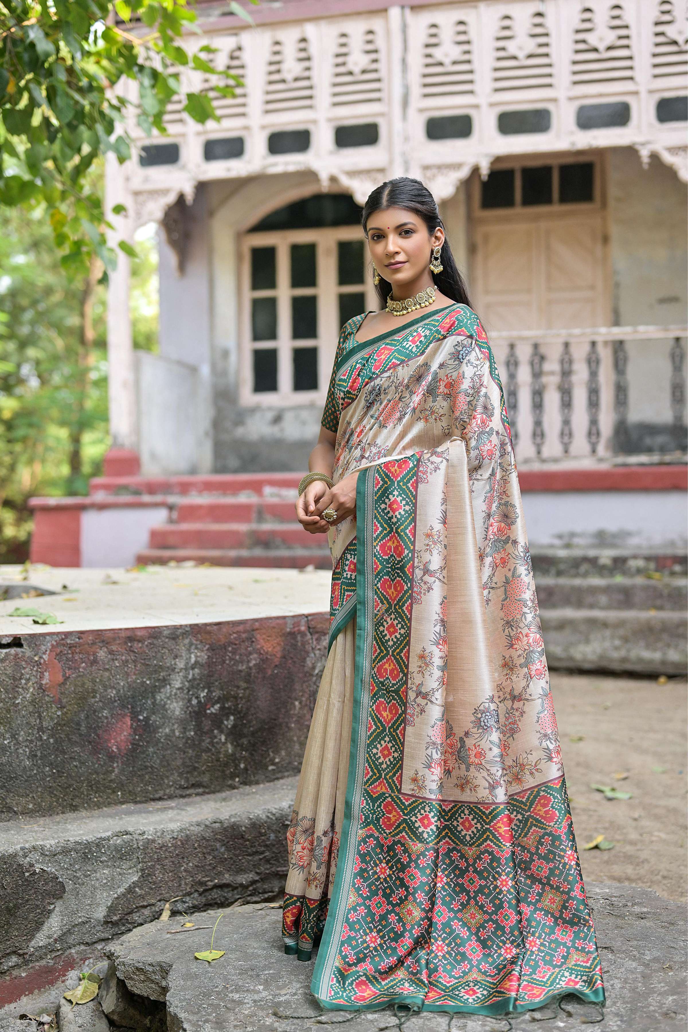 Jyoti Fashion Women's Rama Soft Tussar Silk Floral Printed Saree with Blouse - Image 2