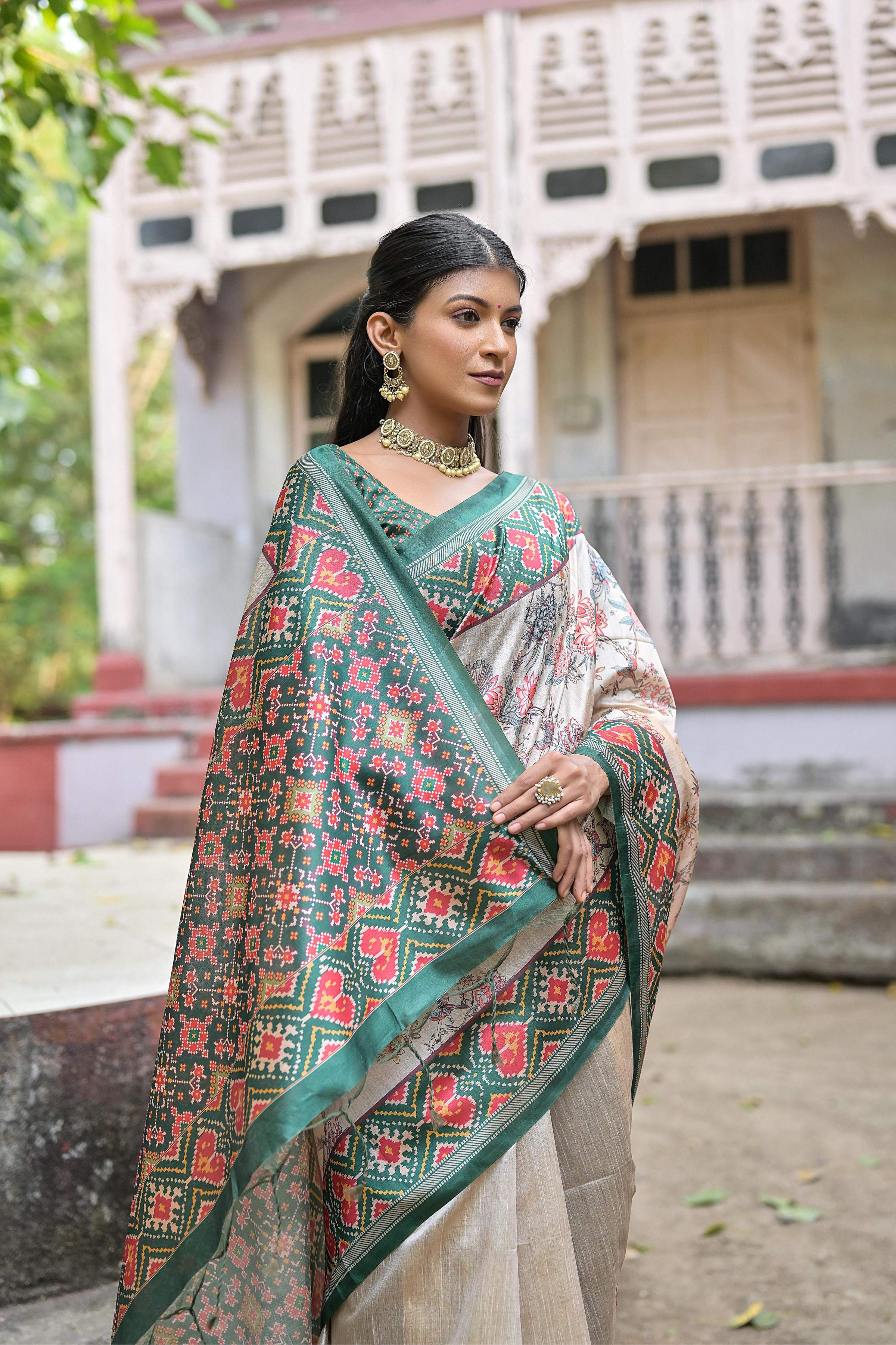 Jyoti Fashion Women's Rama Soft Tussar Silk Floral Printed Saree with Blouse - Image 3