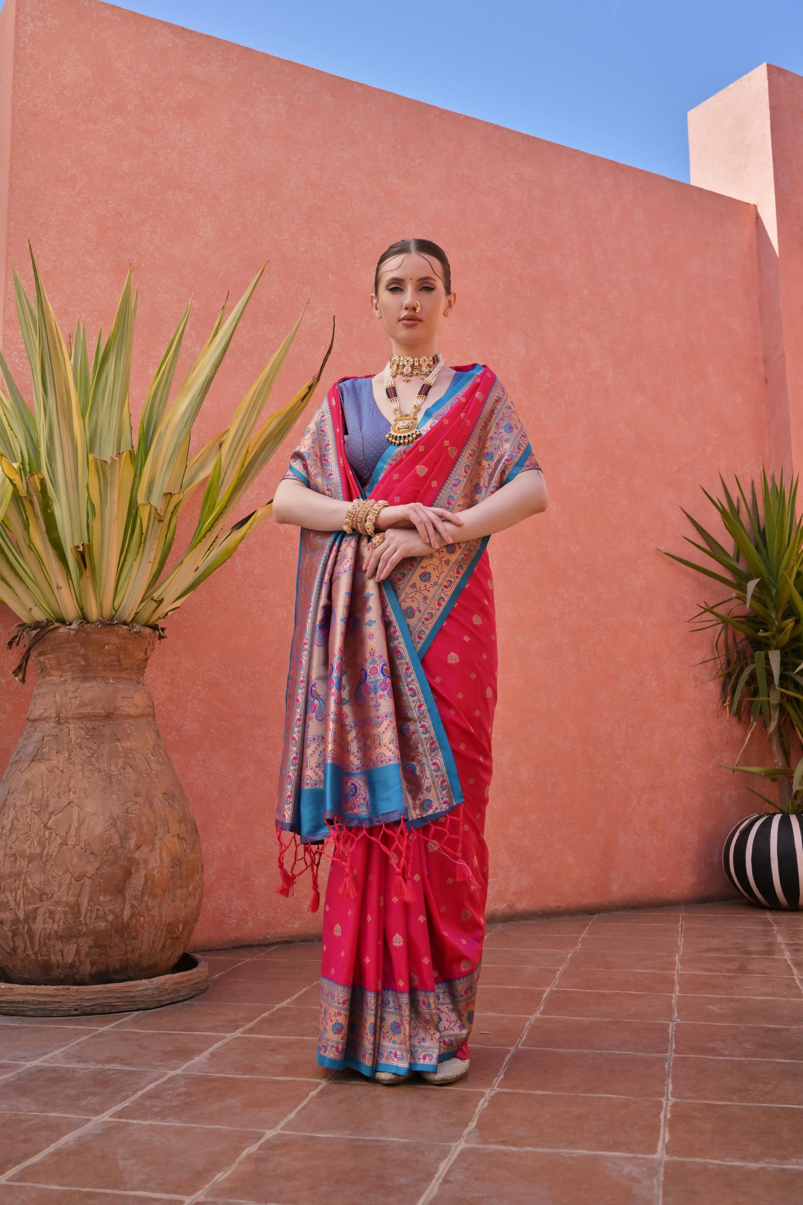 Jyoti Fashion Women's Rani Pink Paithani Silk Zari Woven Saree with Blouse - Image 2